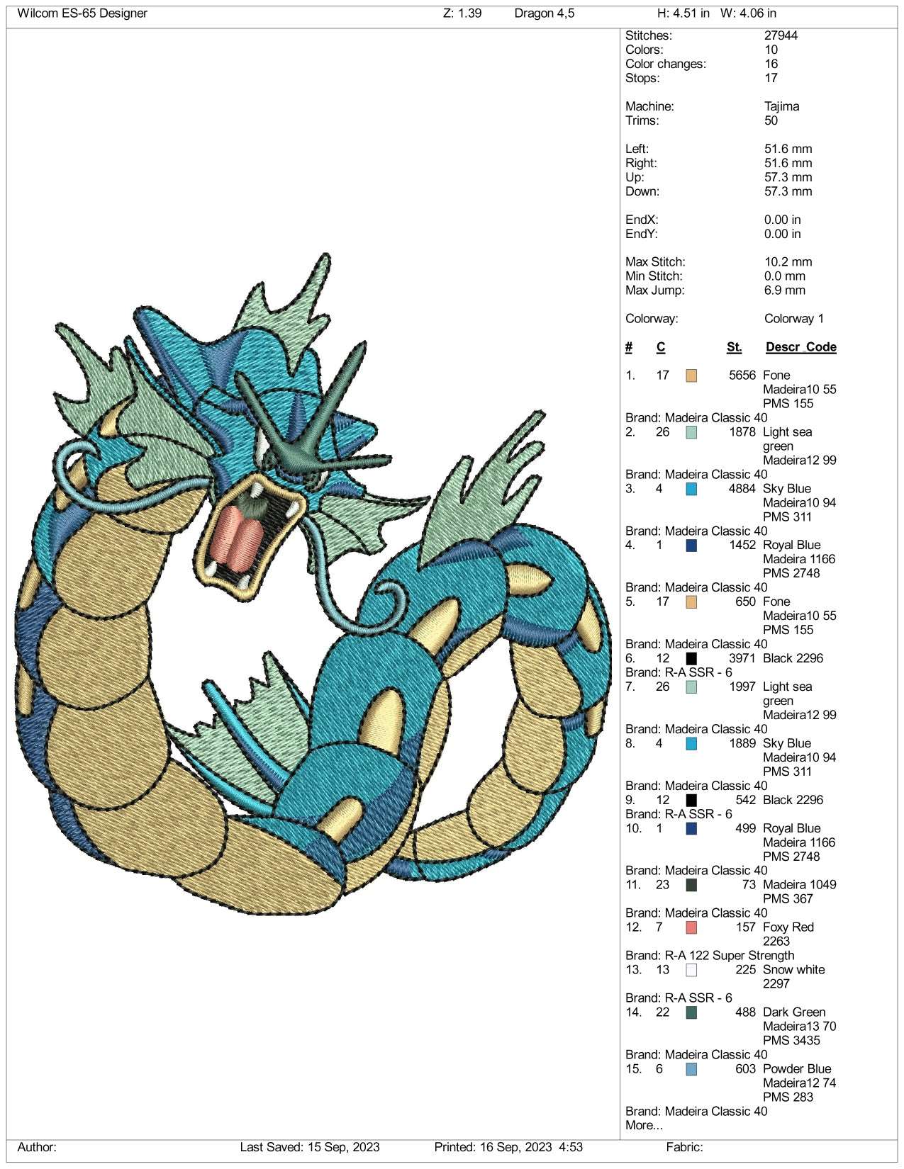 Gyarados Embroidery Design Files - 3 Size's