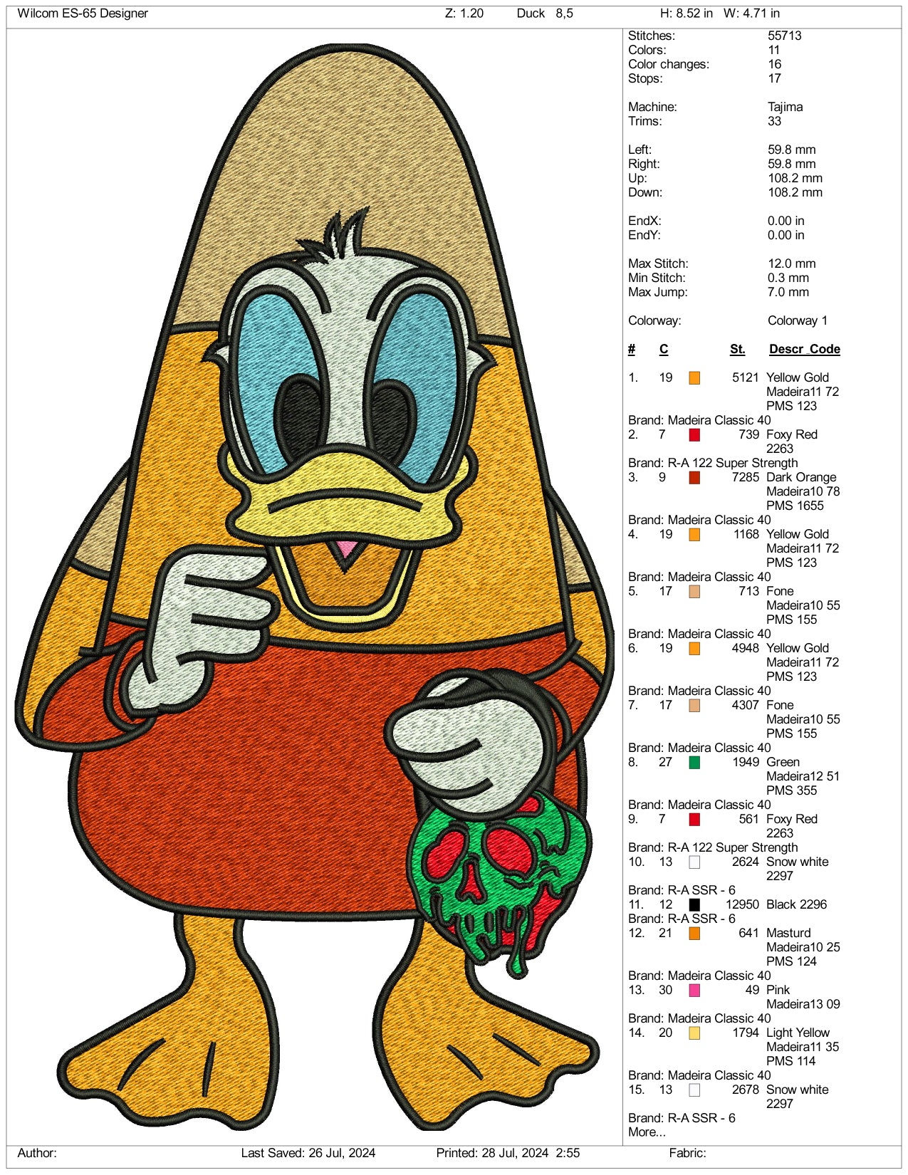 Funny Donald Duck Embroidery  Files - 3 Size's