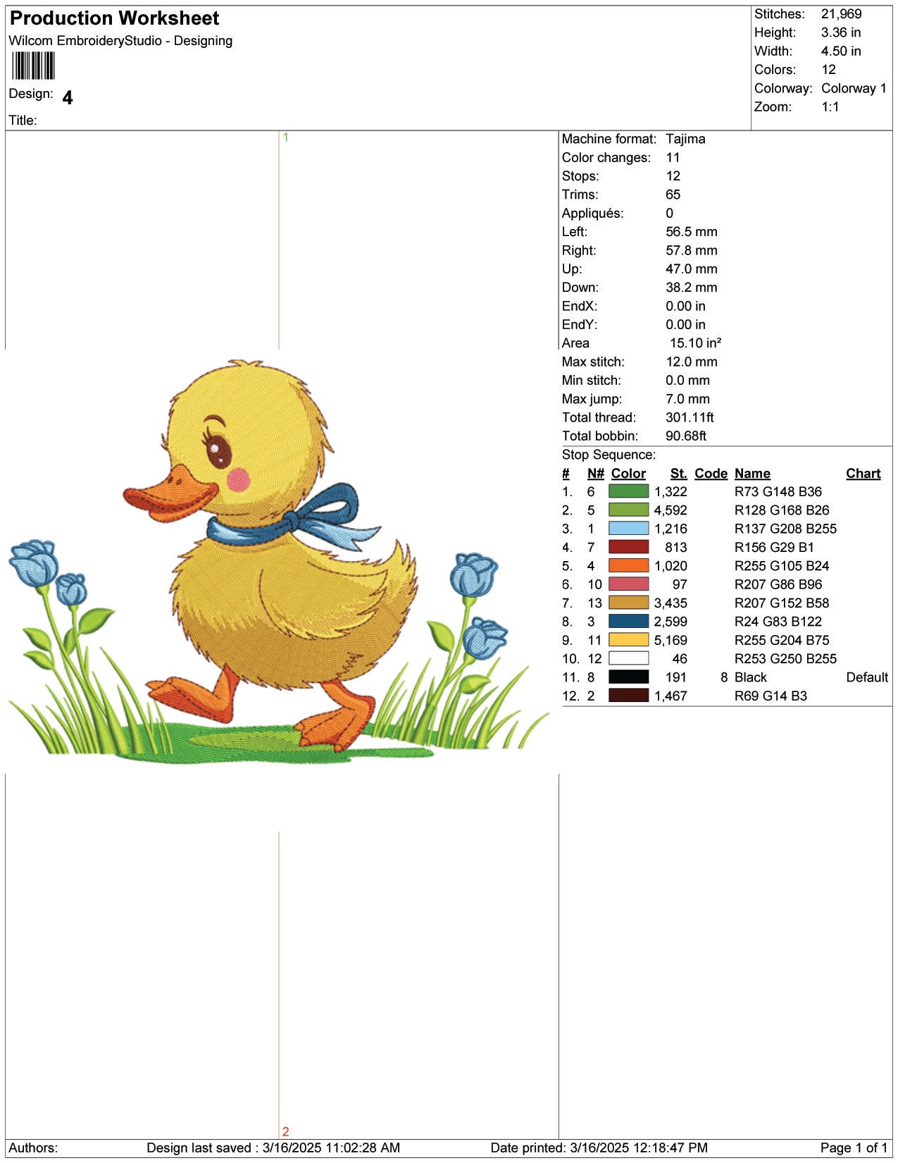 Duckling with Blue Bow Embroidery Design Files - 9 Size's