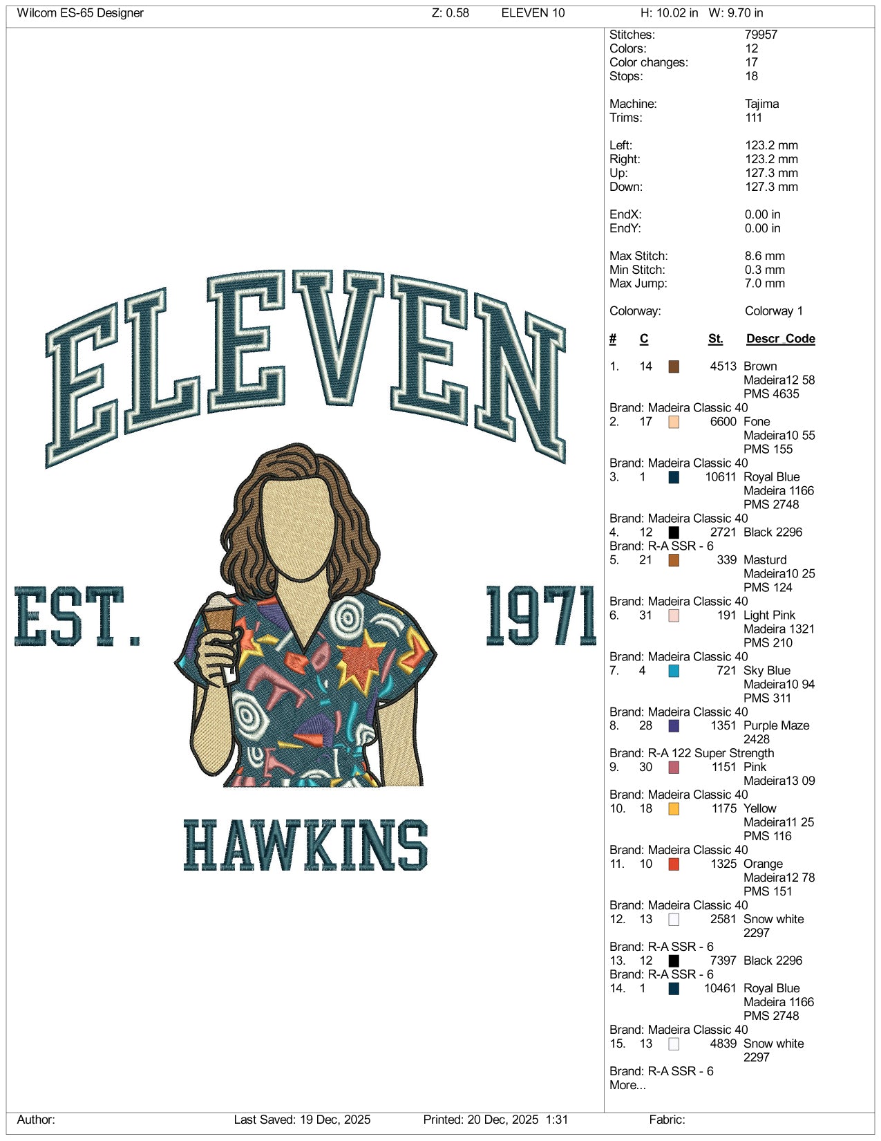 Eleven Est 1971 Hawkins Embroidery Design Files - 5 Size's
