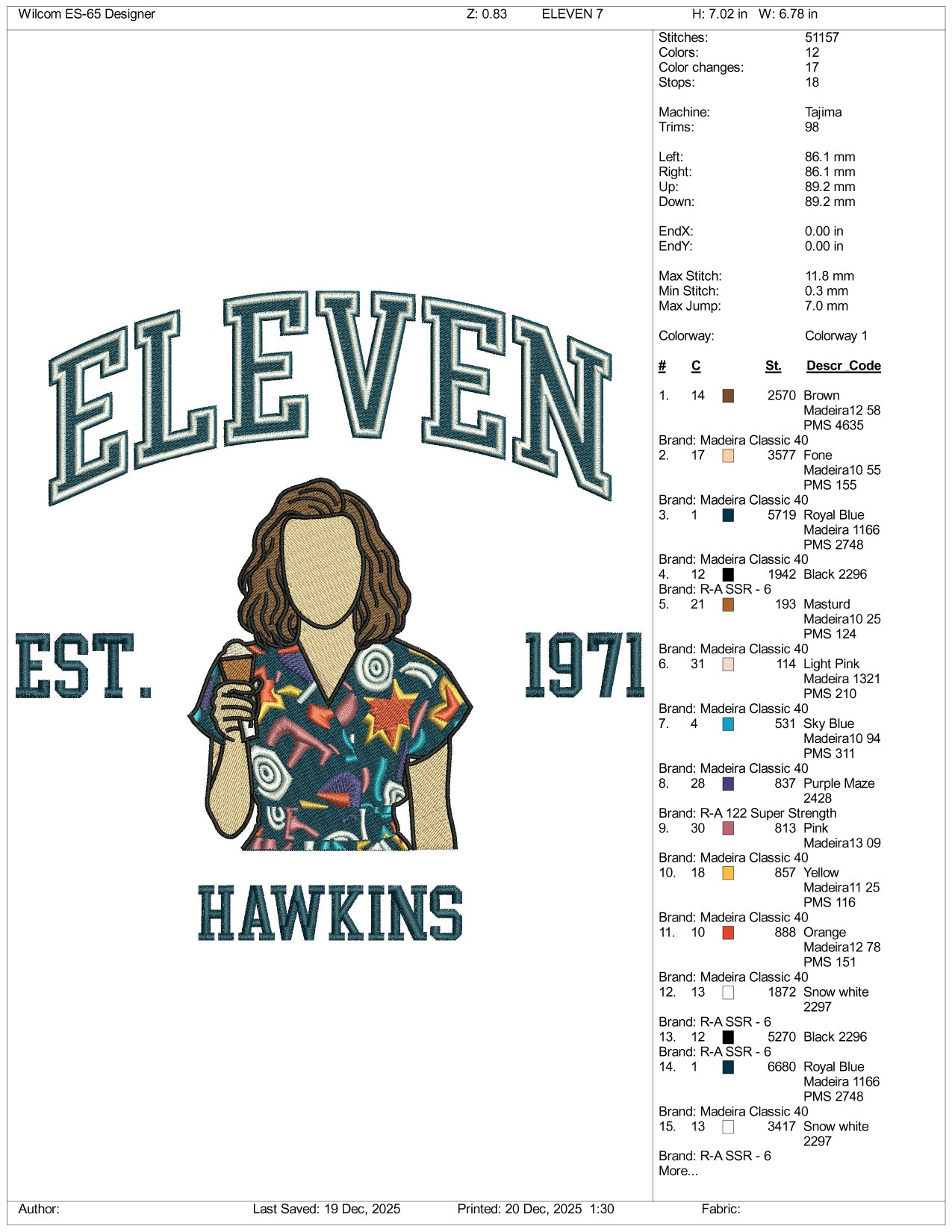 Eleven Est 1971 Hawkins Embroidery Design Files - 5 Size's