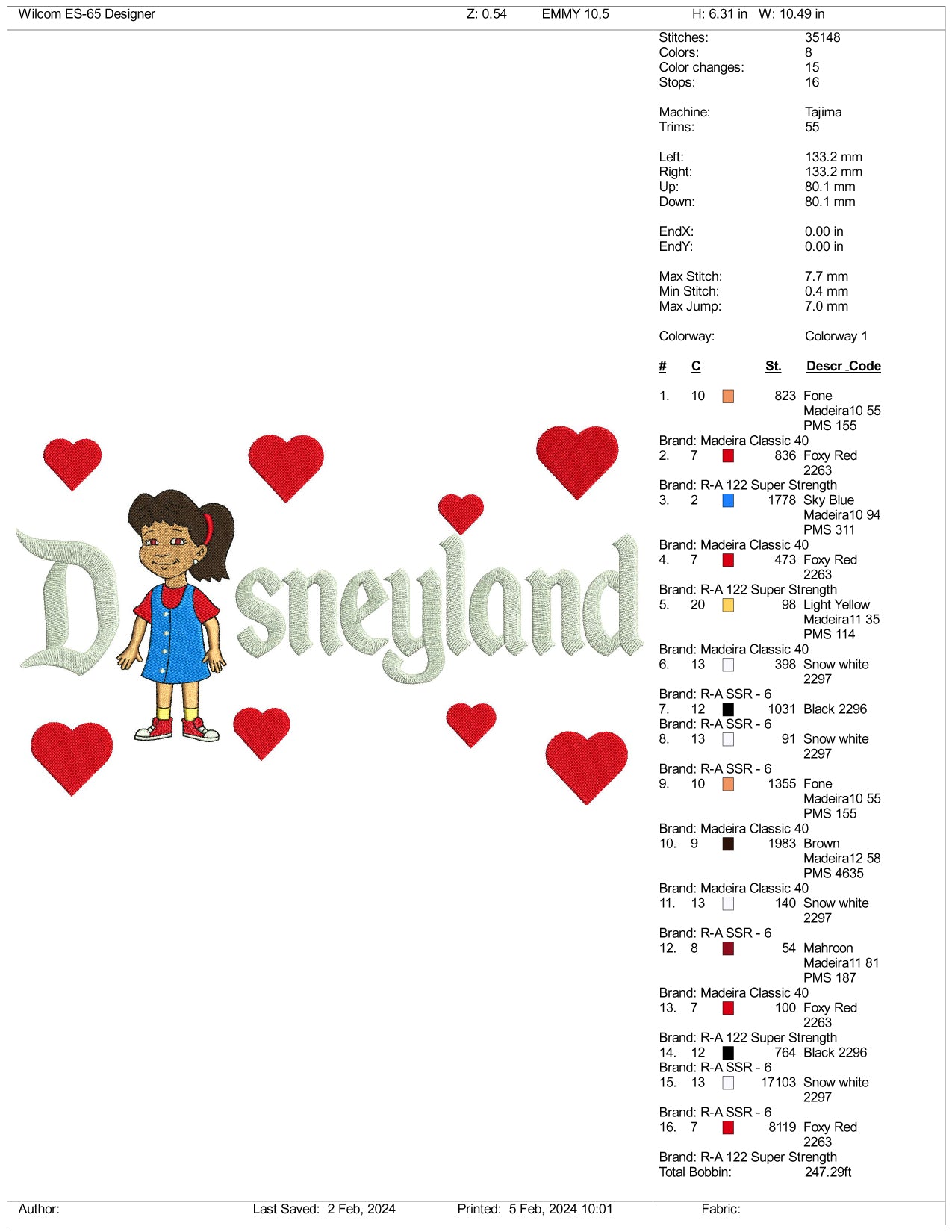 Dragon Tales Emma Disneyland Embroidery Design Files - 3 Size's