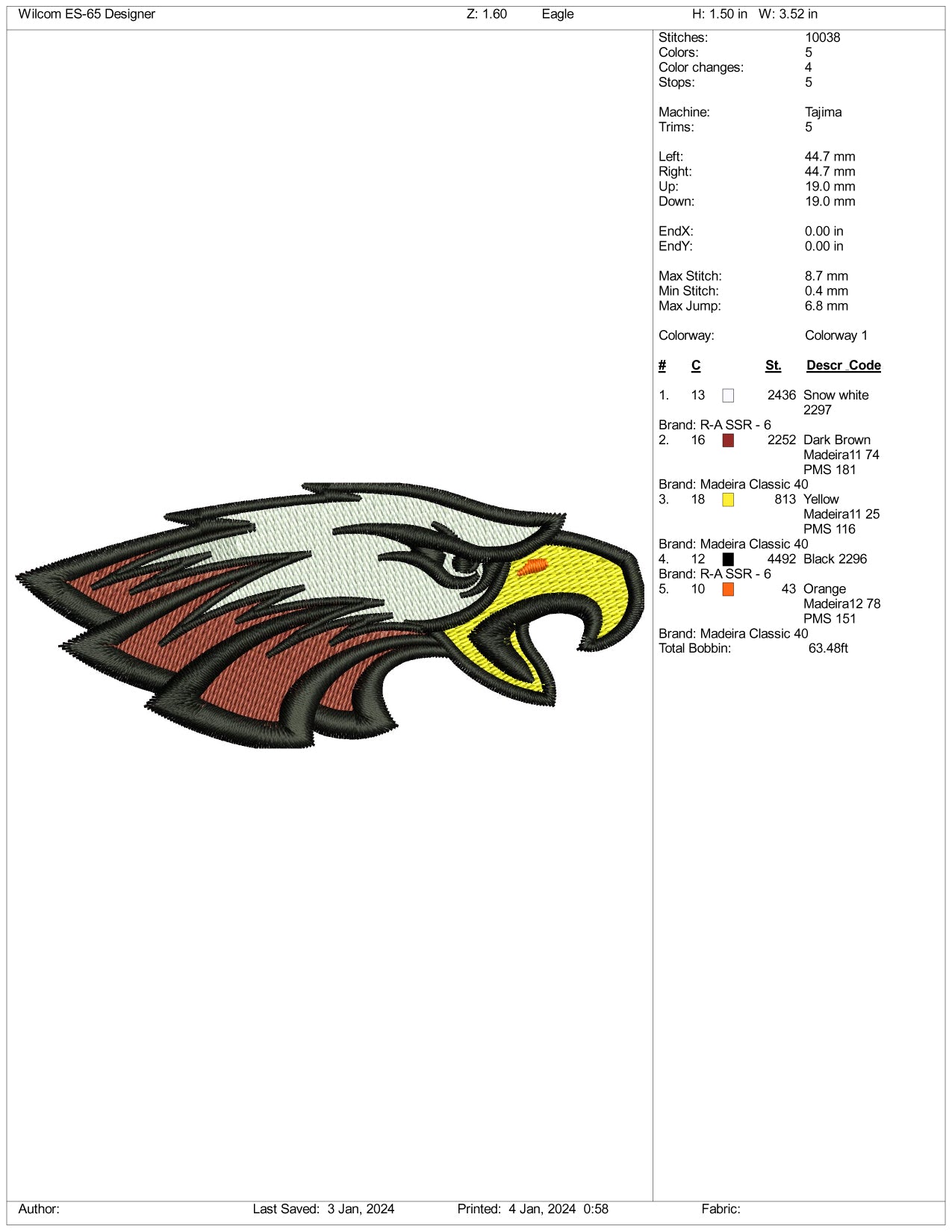 Eagle v3 Embroidery Design Files - 3 Size's