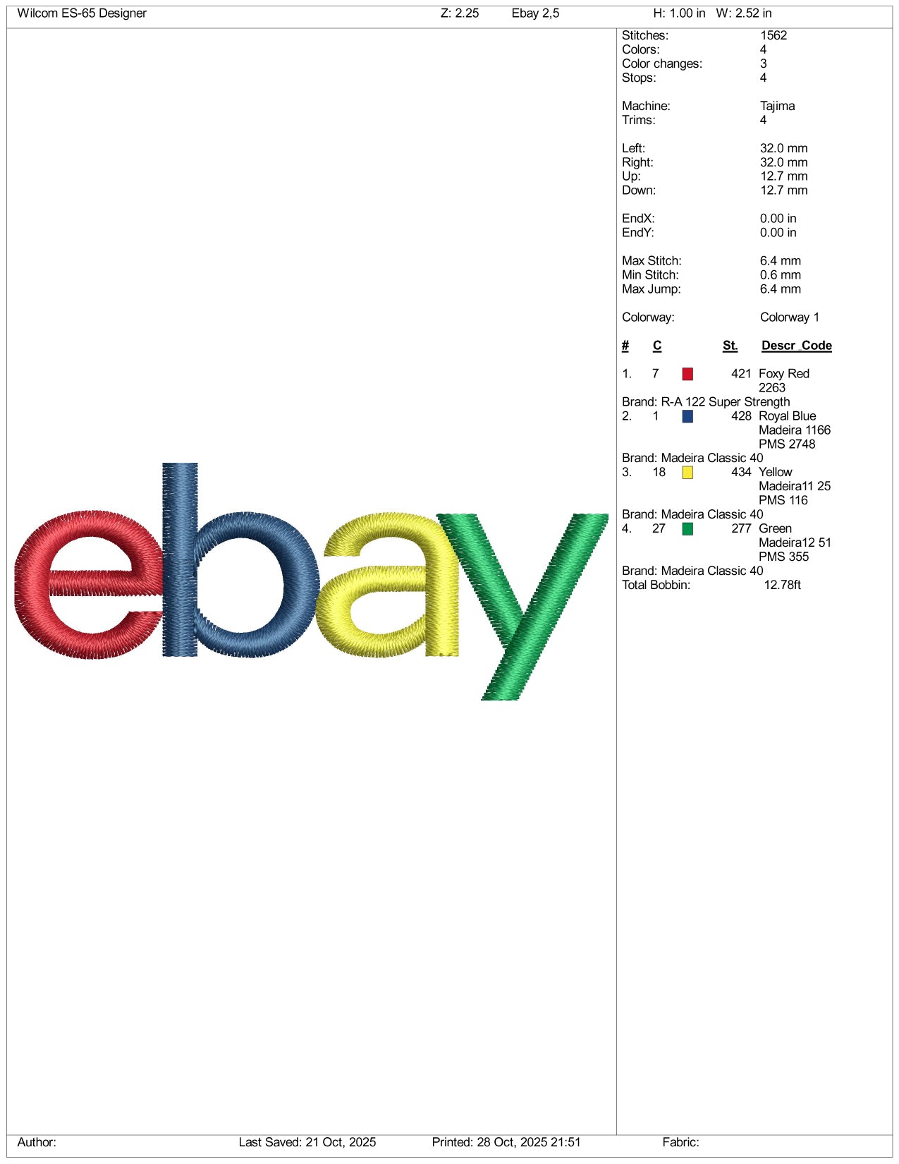 Ebay Logo Embroidery Design Files - 4 Size's