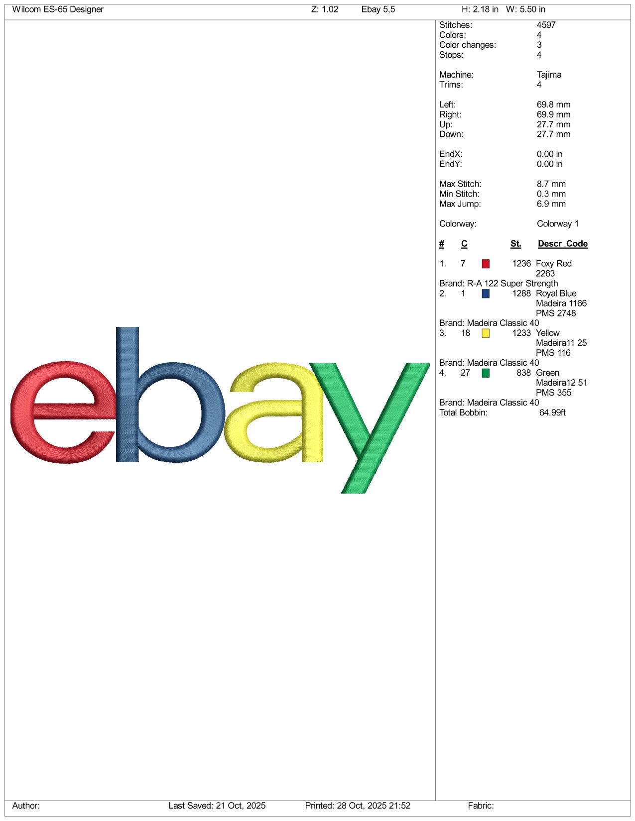 Ebay Logo Embroidery Design Files - 4 Size's