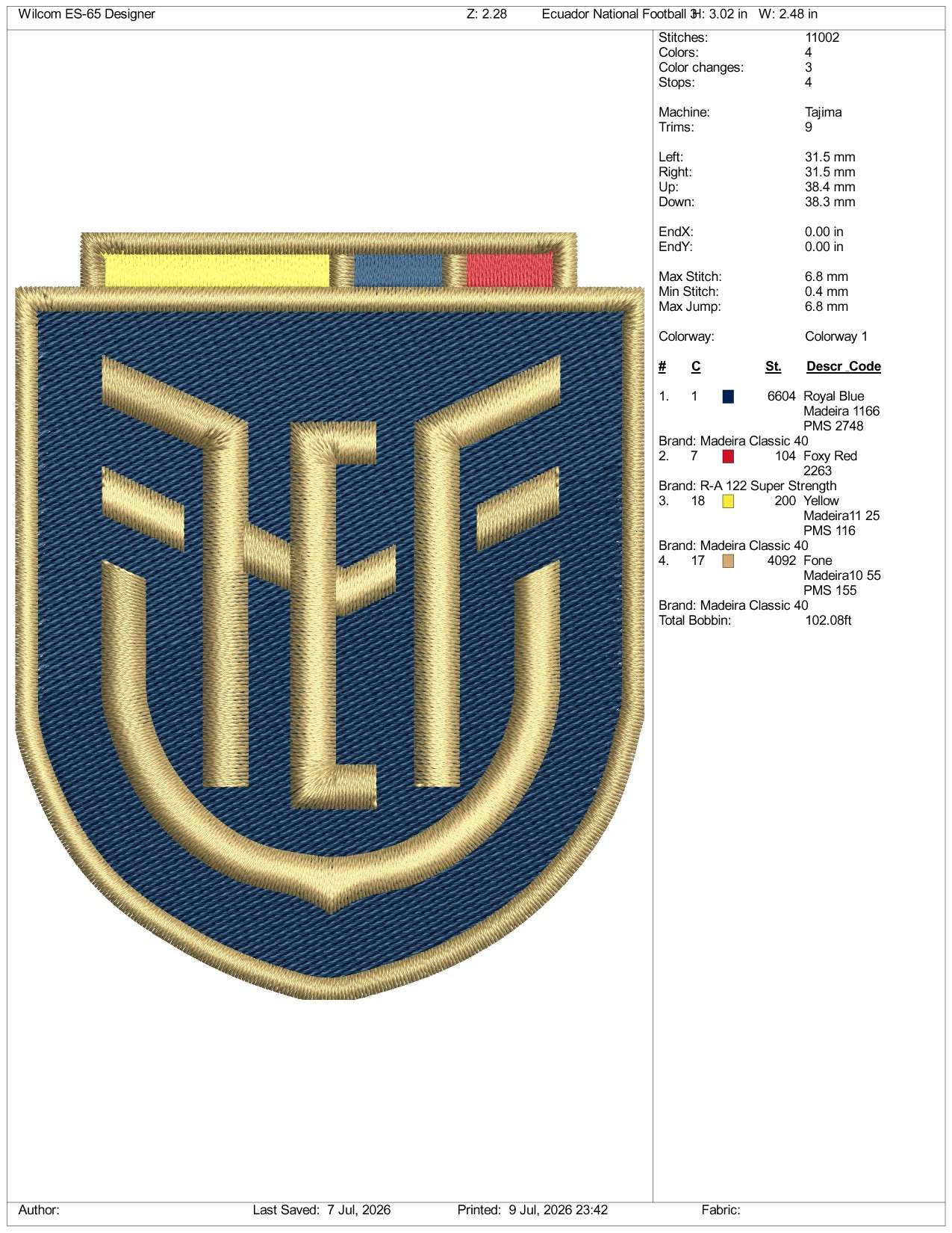 Ecuador National Football Logo Embroidery Design Files - 3 Size's