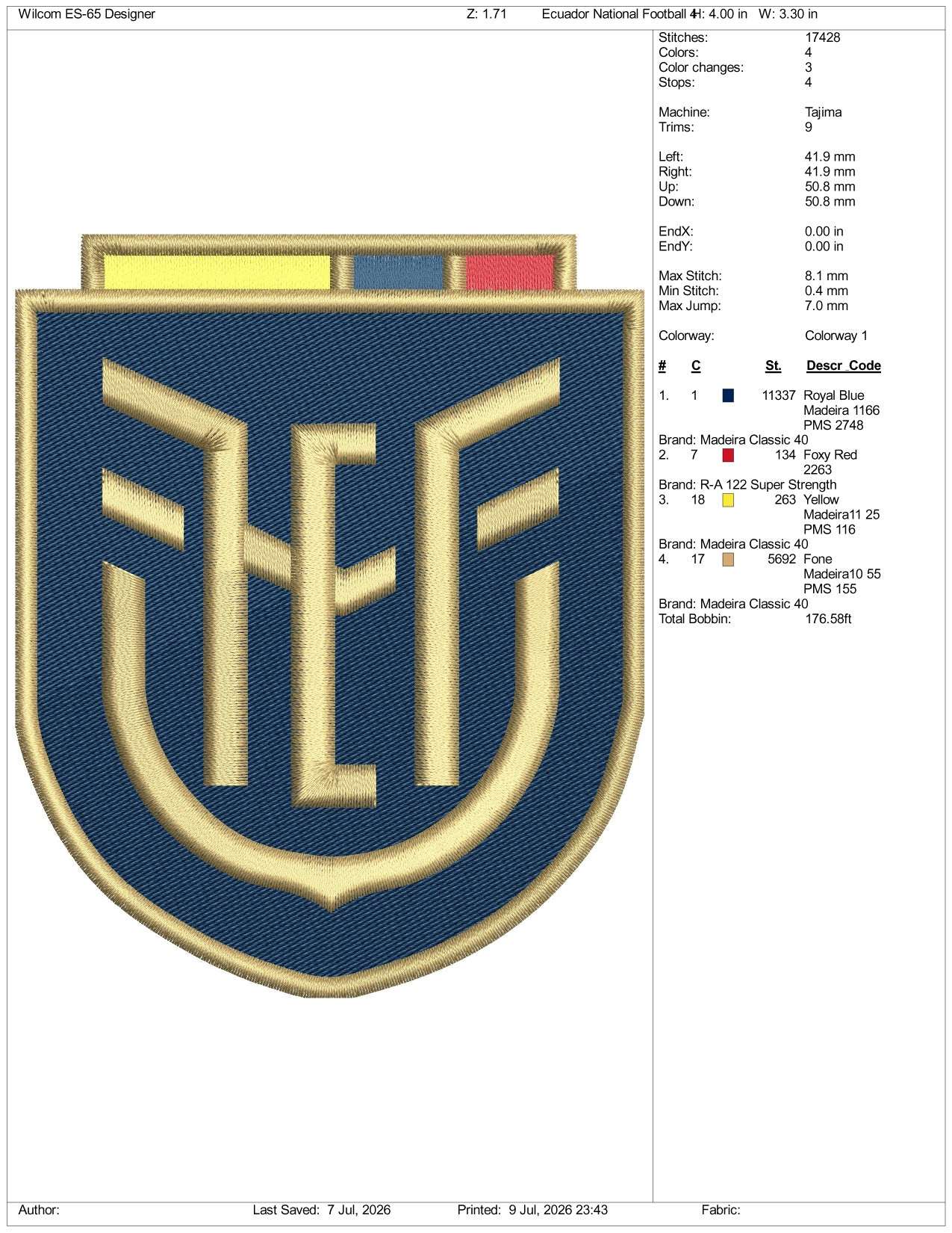 Ecuador National Football Logo Embroidery Design Files - 3 Size's