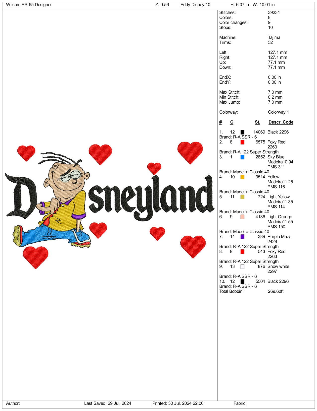 Eddy Disneyland Embroidery Design Files - 3 Size's