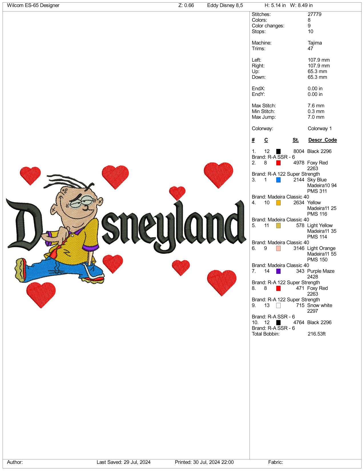 Eddy Disneyland Embroidery Design Files - 3 Size's