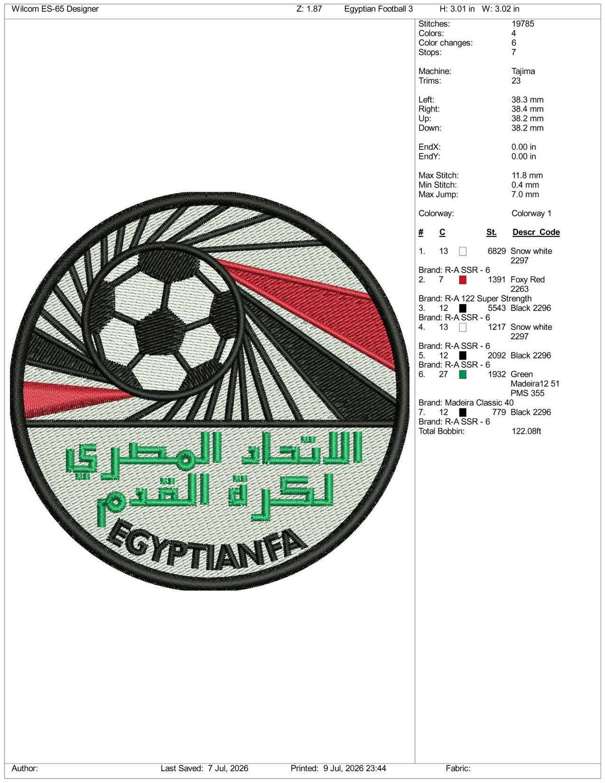 Egyptian Team Football Logo Embroidery Design Files - 3 Size's