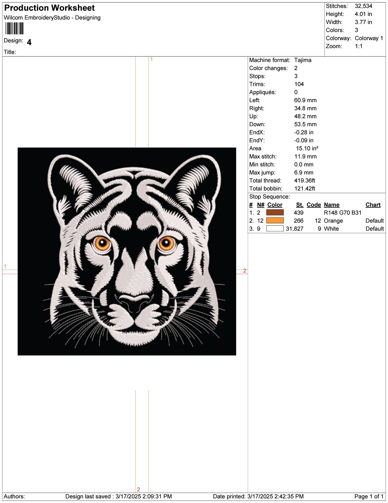 White Panther Head Embroidery Design Files - 9 Size's