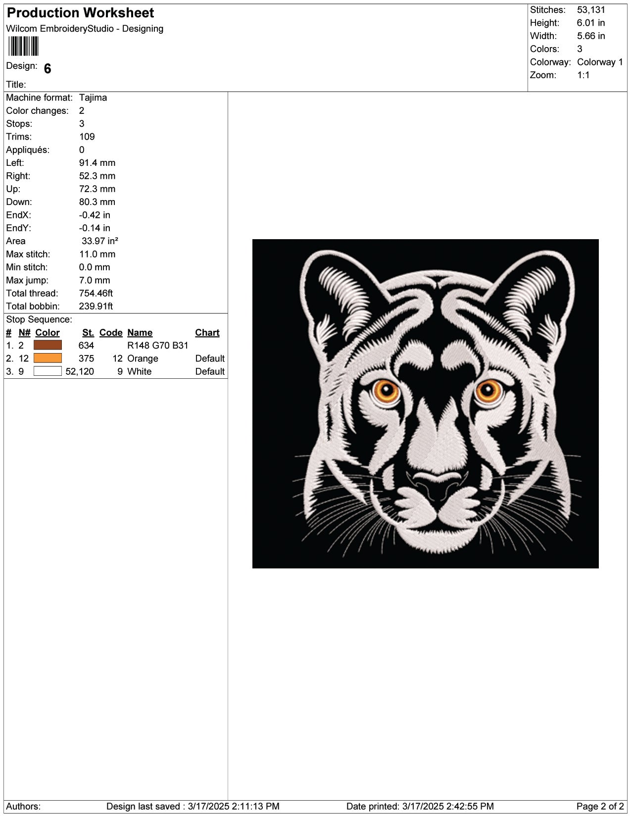 White Panther Head Embroidery Design Files - 9 Size's