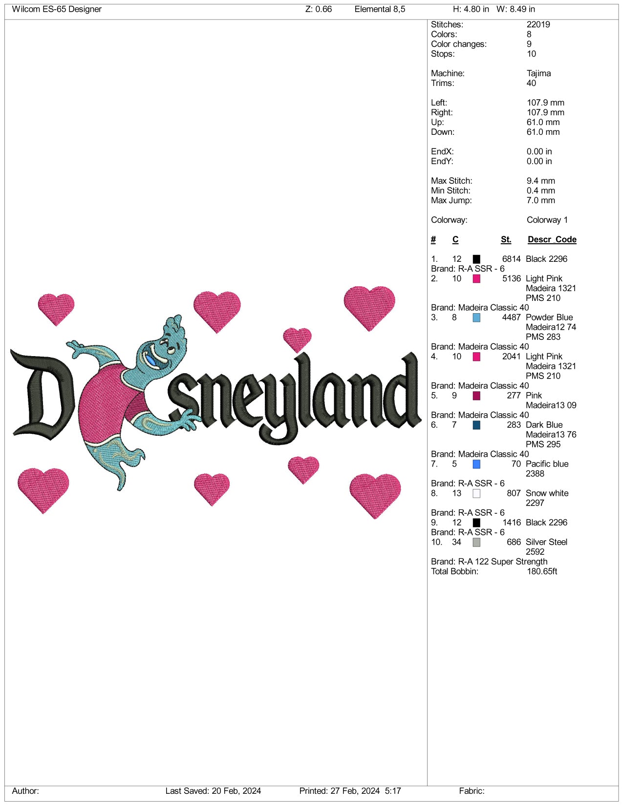 Wade Disneyland Embroidery Design Files - 3 Size's