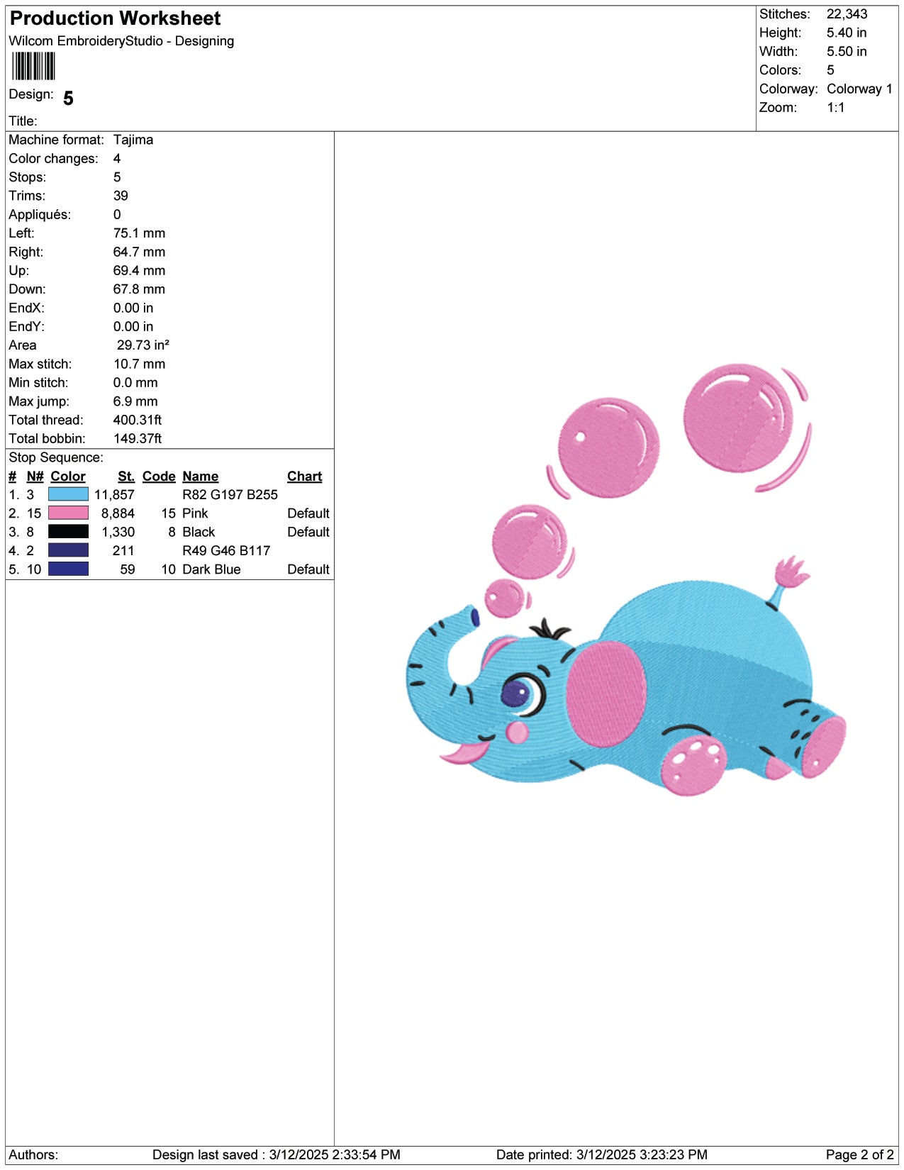 Elephant with Bubbles Embroidery Design Files - 9 Size's