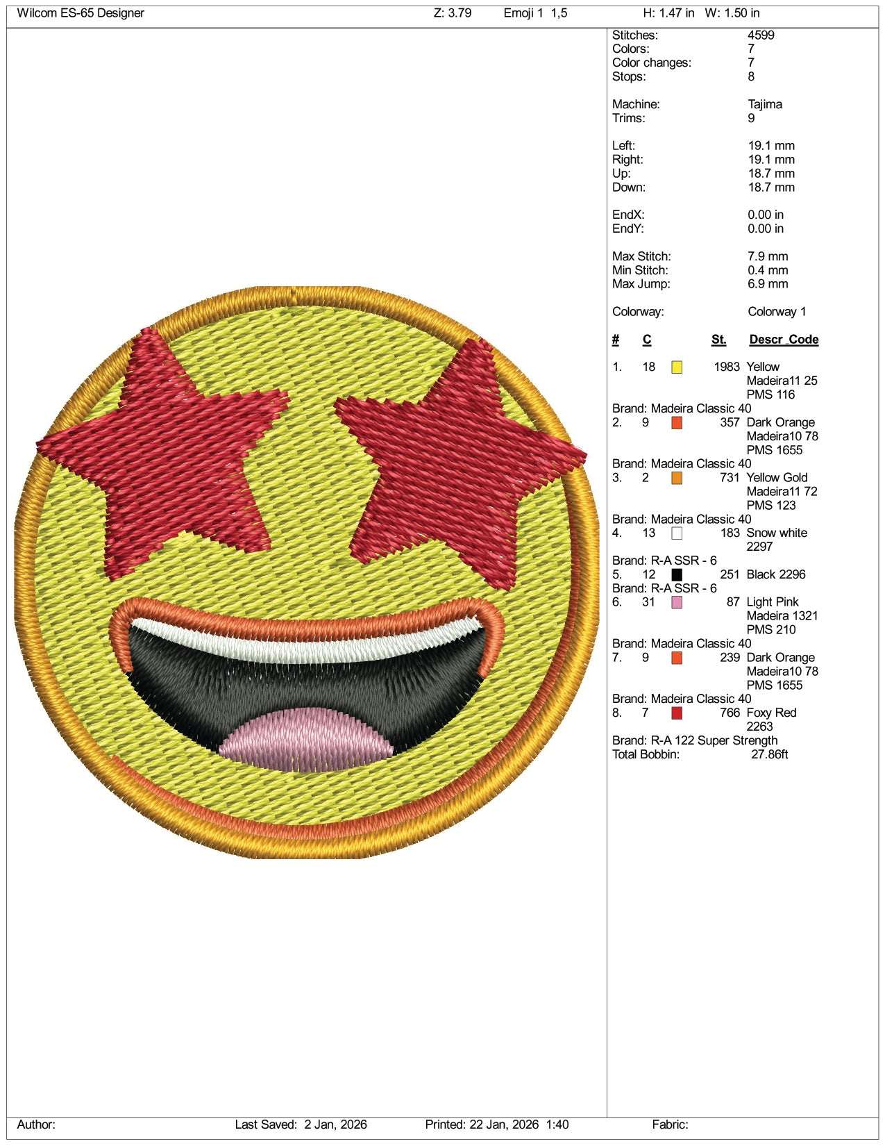 Star Struck Emoji Embroidery Design Files - 3 Size's