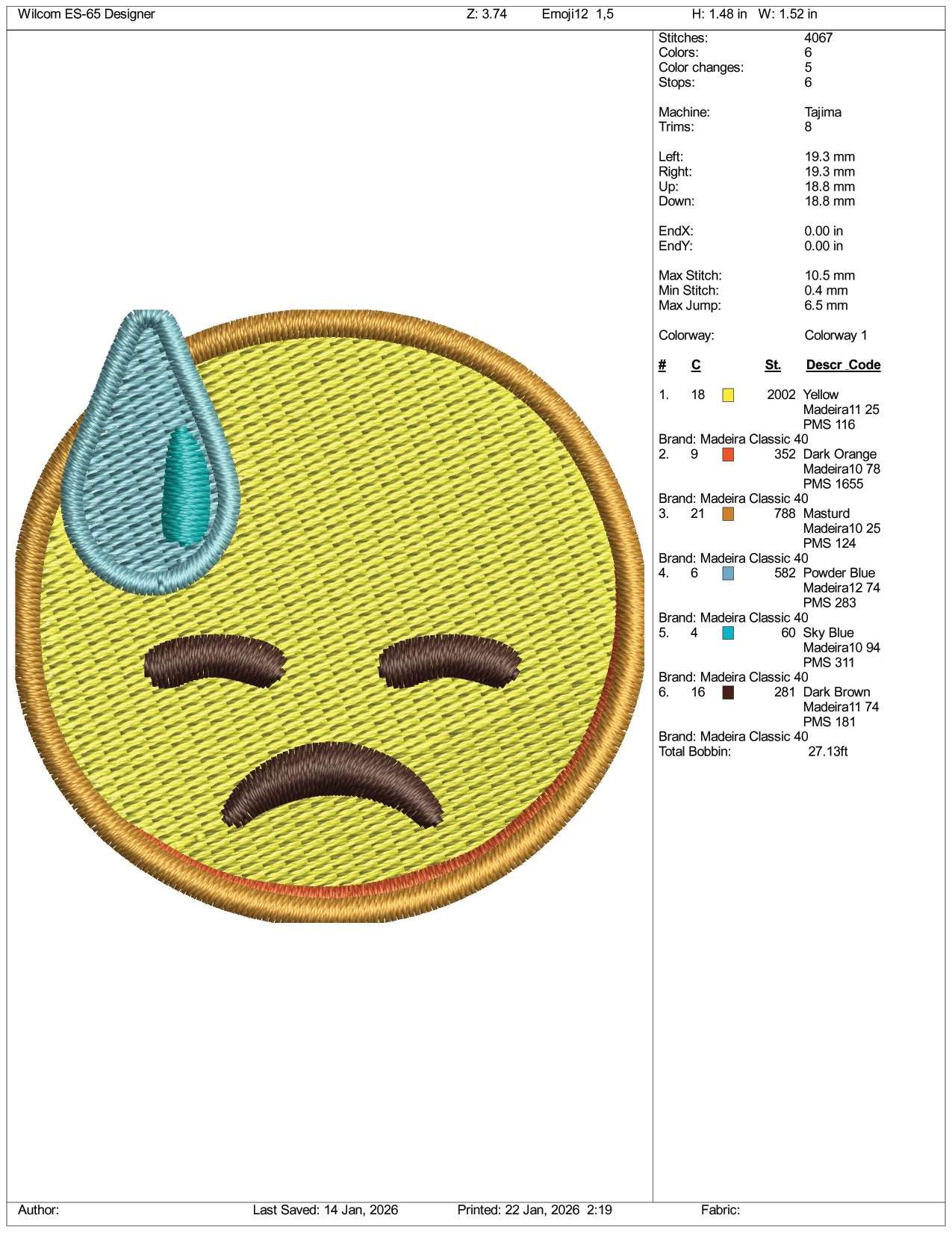 Downcast Face with Sweat Emoji Embroidery Design Files - 3 Size's