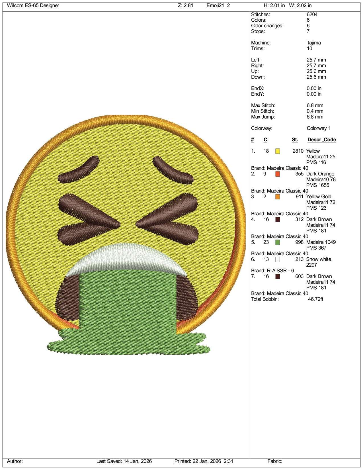 Face Vomiting Emoji Embroidery Design Files - 3 Size's