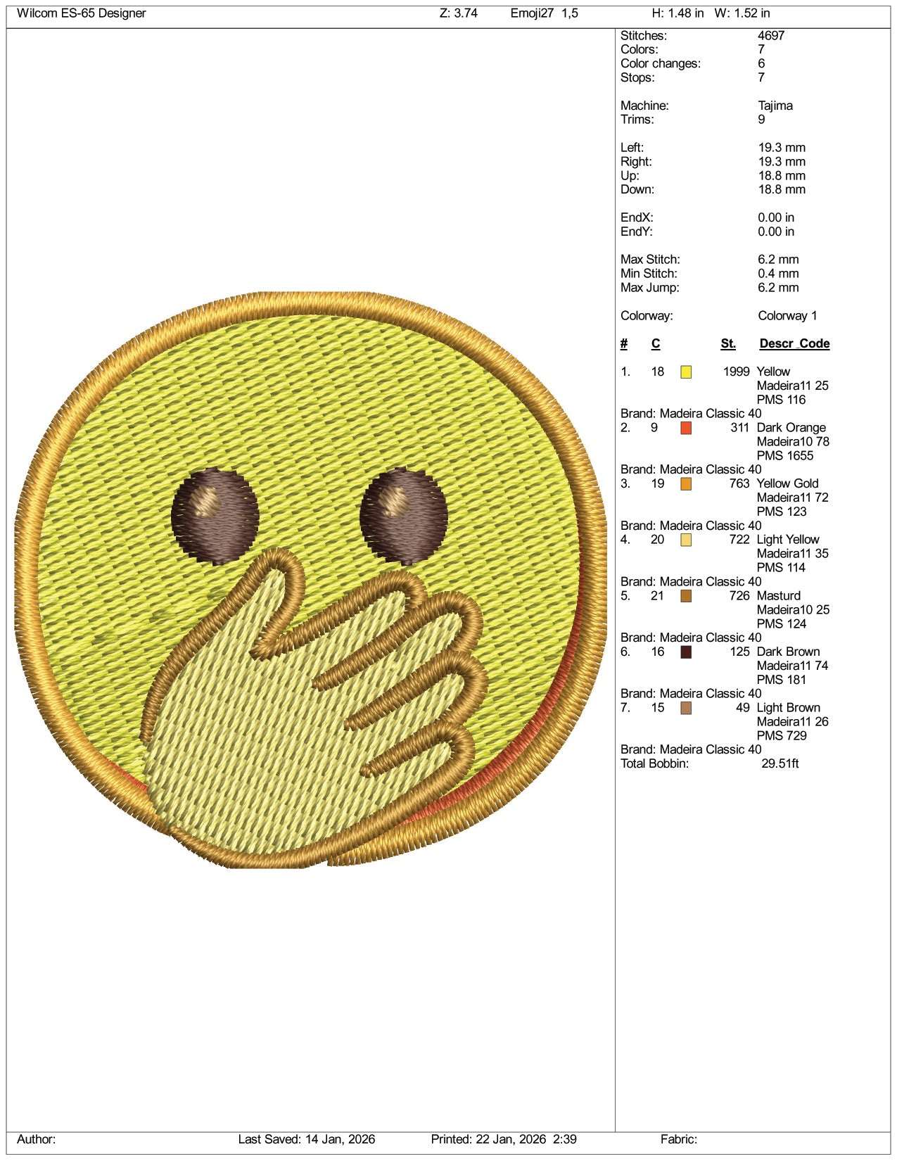 Face with Open Eye and Hand Over Mouth Emoji Embroidery Design Files - 3 Size's