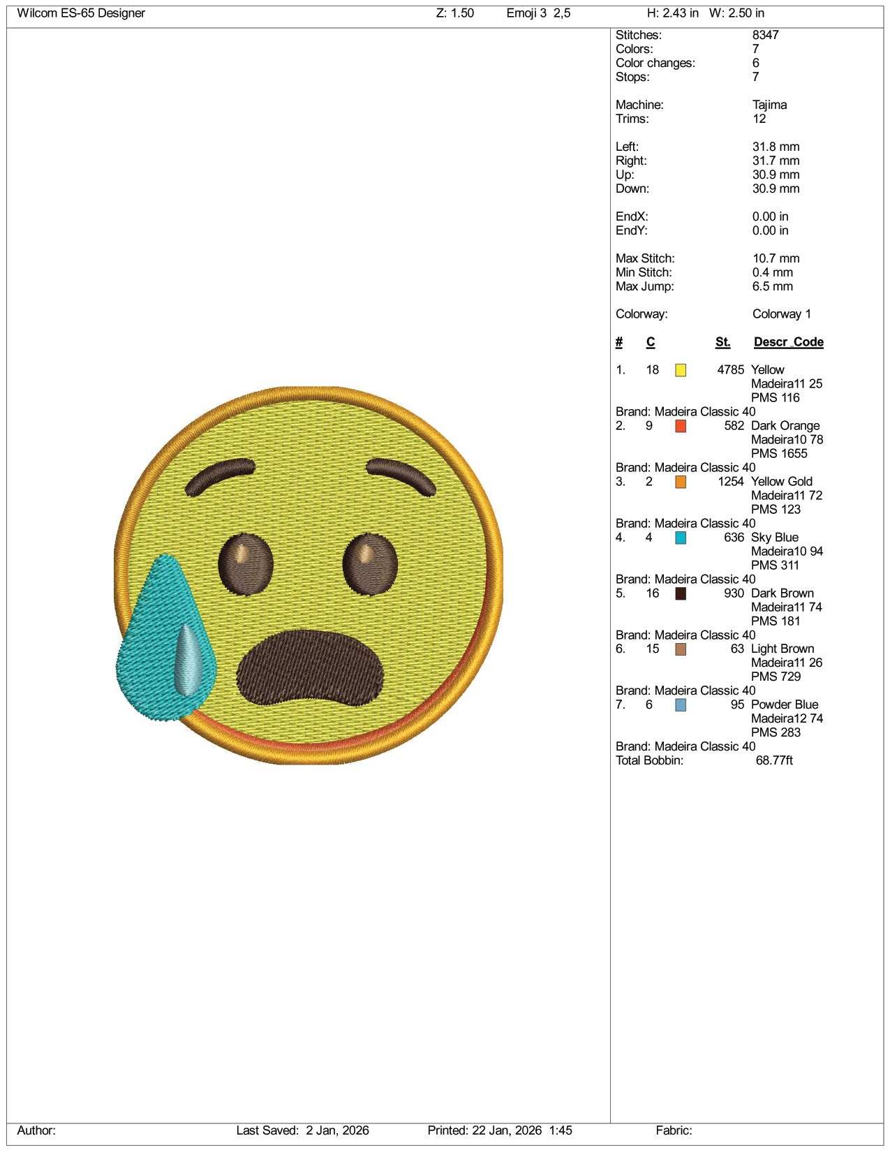 Anxious Face with Sweat Emoji Embroidery Design Files - 3 Size's
