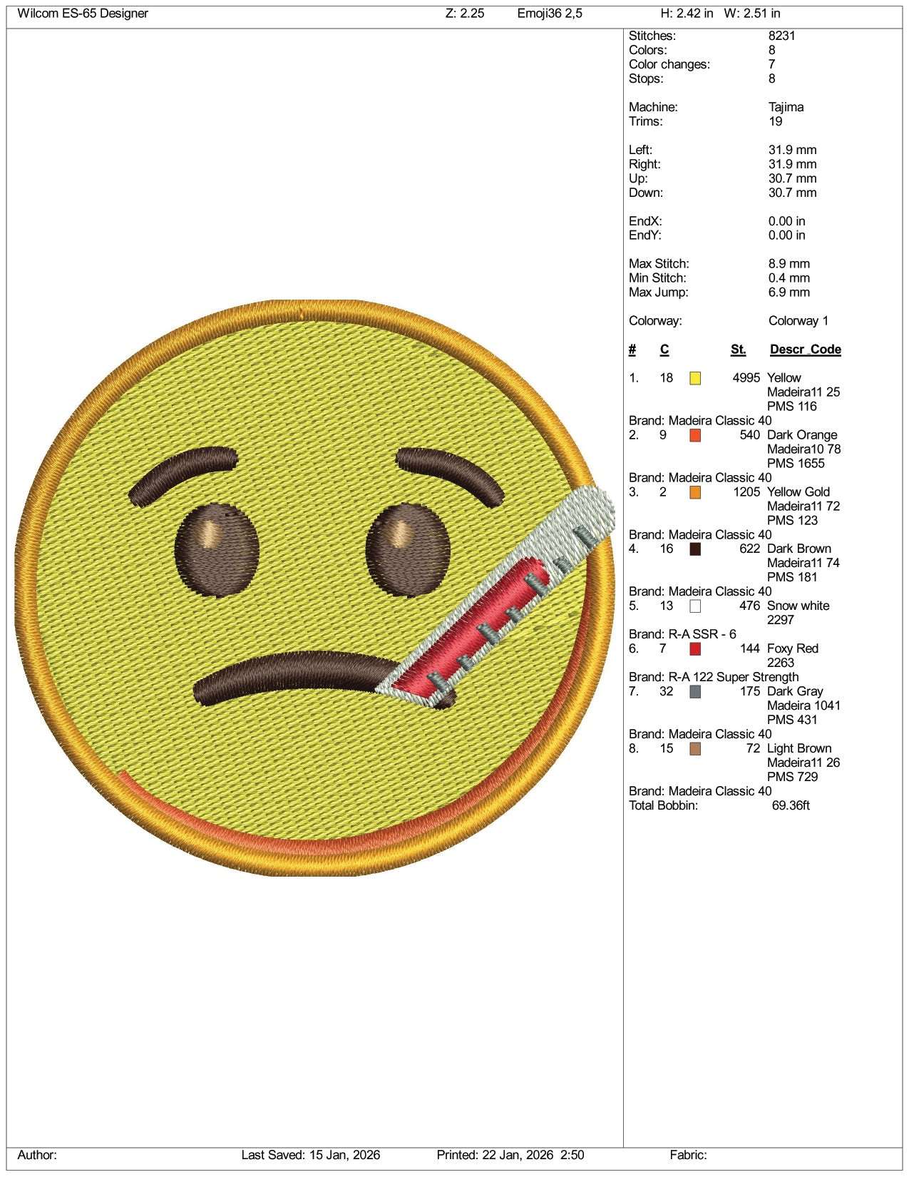 Face with Thermometer Emoji Embroidery Design Files - 3 Size's