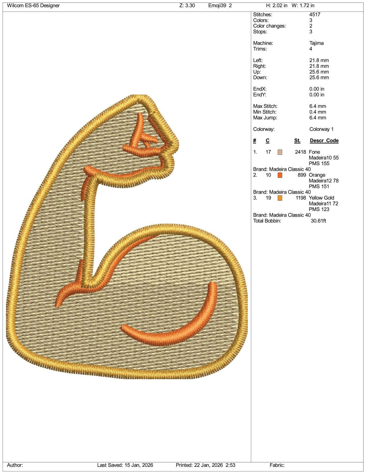 Flexed Biceps Light Skin Tone Emoji Embroidery Design Files - 3 Size's