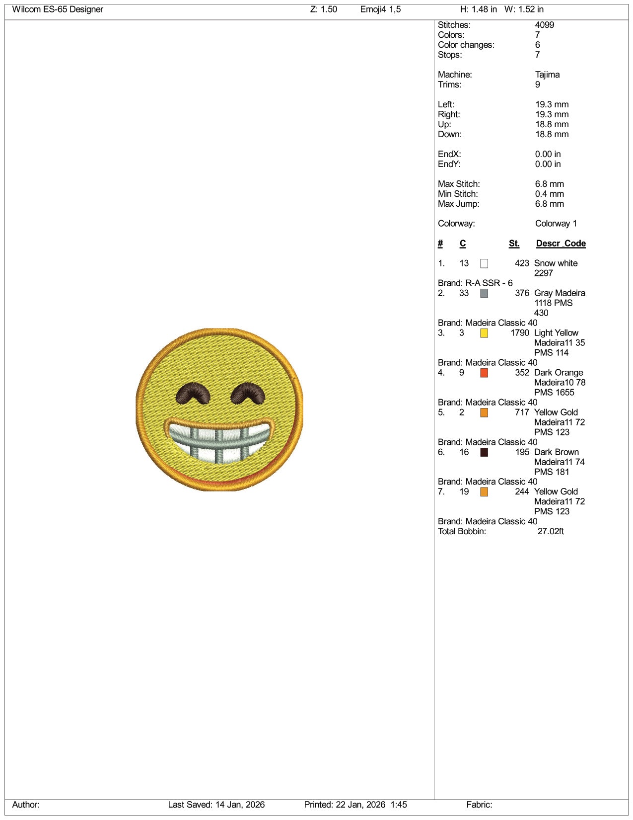 Beaming Face with Smiling Eyes Emoji Embroidery Design Files - 3 Size's
