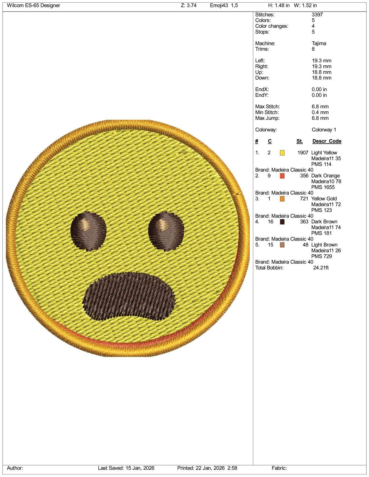Frowning Face with Open Mouth Emoji Embroidery Design Files - 3 Size's