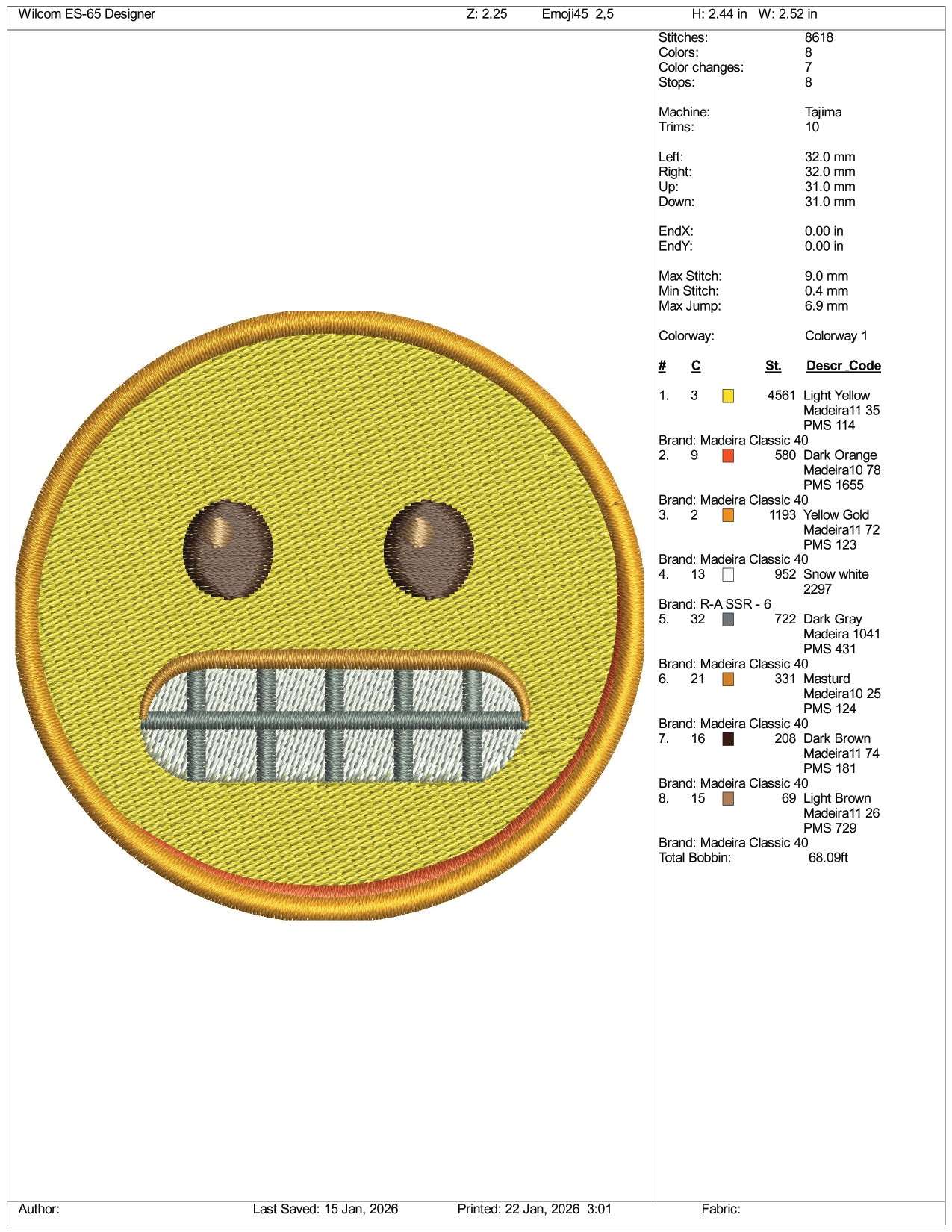 Grimacing Face Emoji Embroidery Design Files - 3 Size's