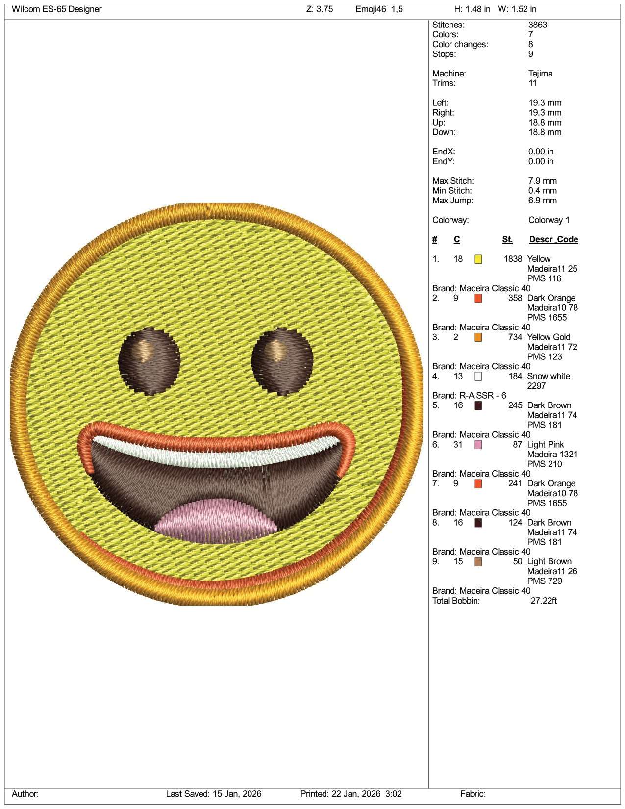 Grinning Face Emoji Embroidery Design Files - 3 Size's