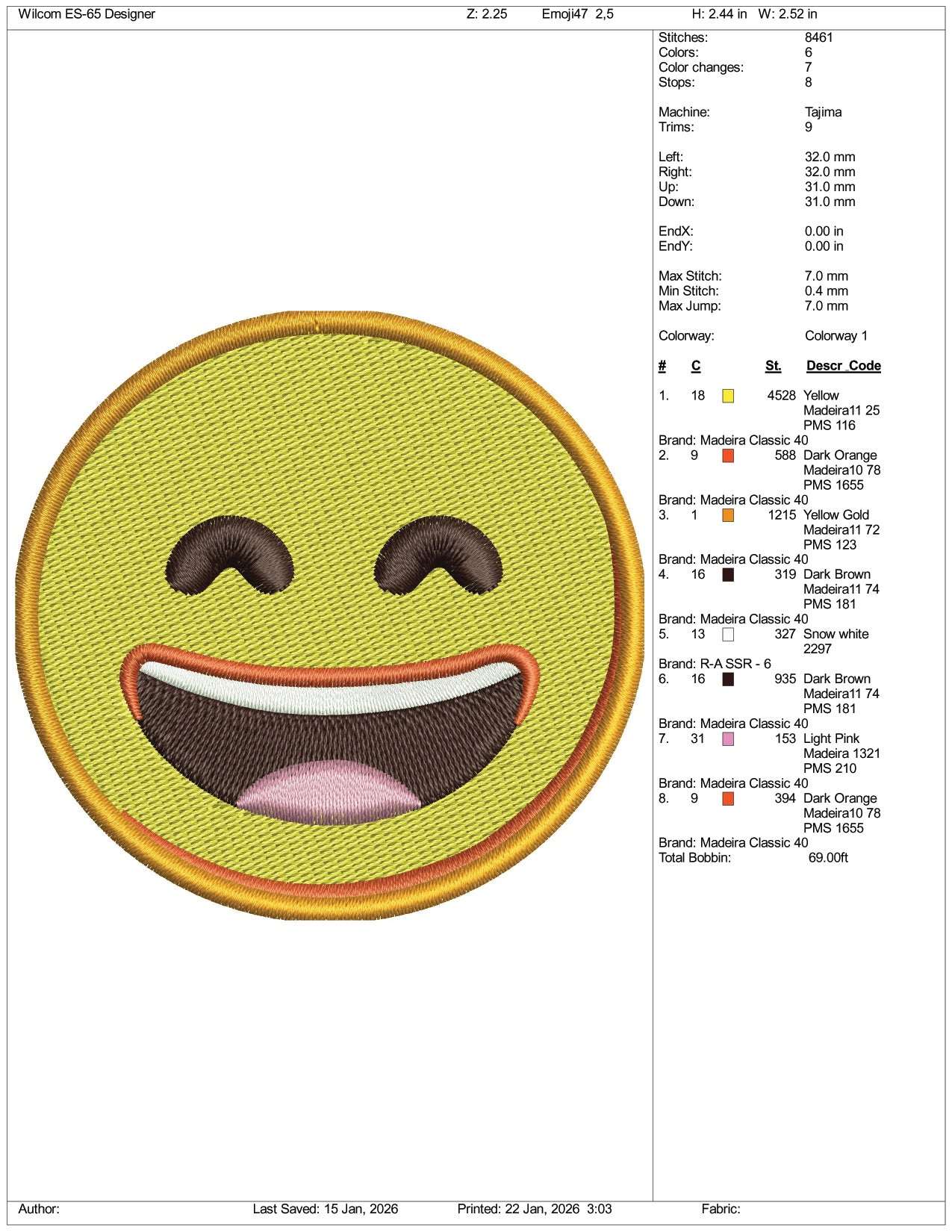 Grinning Face with Smiling Eyes Emoji Embroidery Design Files - 3 Size's