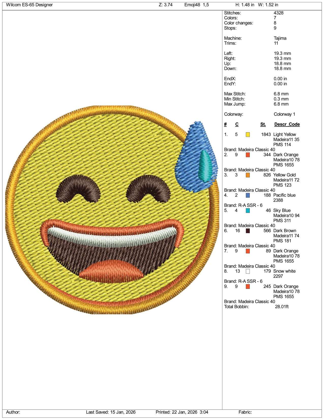 Grinning Face with Sweat Emoji Embroidery Design Files - 3 Size's