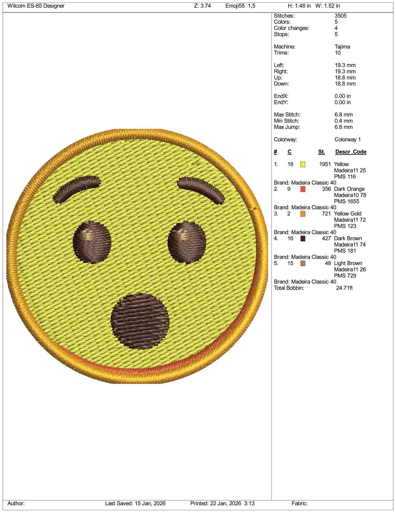 Hushed Face Emoji Embroidery Design Files - 3 Size's