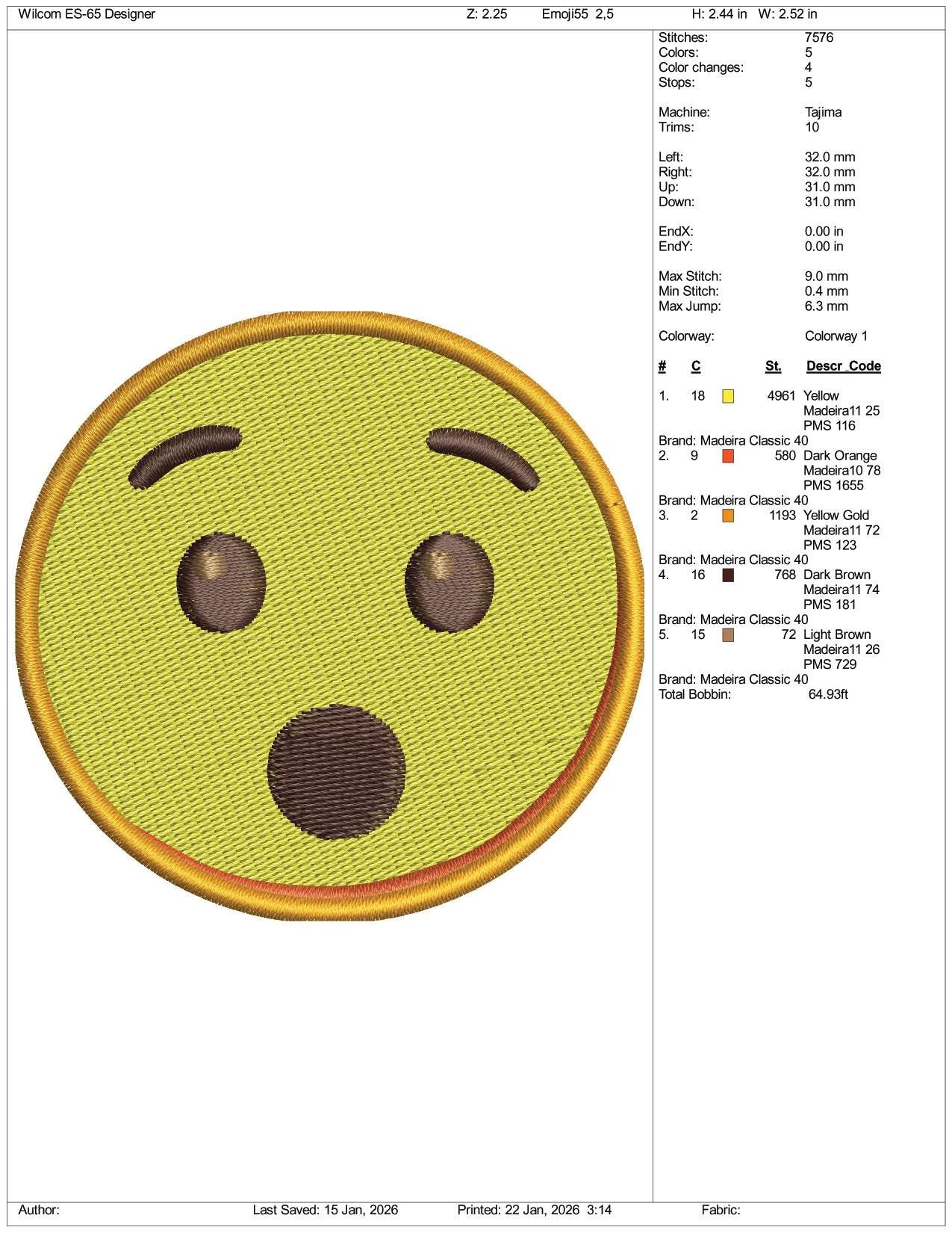 Hushed Face Emoji Embroidery Design Files - 3 Size's