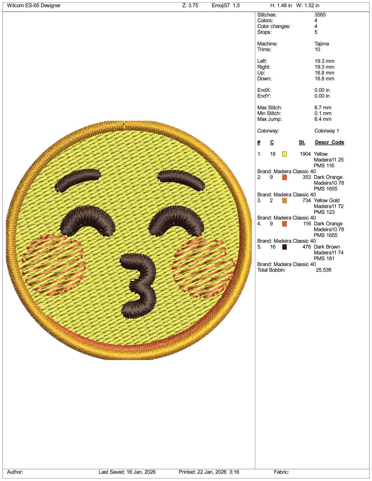 Kissing Face with Closed Eyes Emoji Embroidery Design Files - 3 Size's