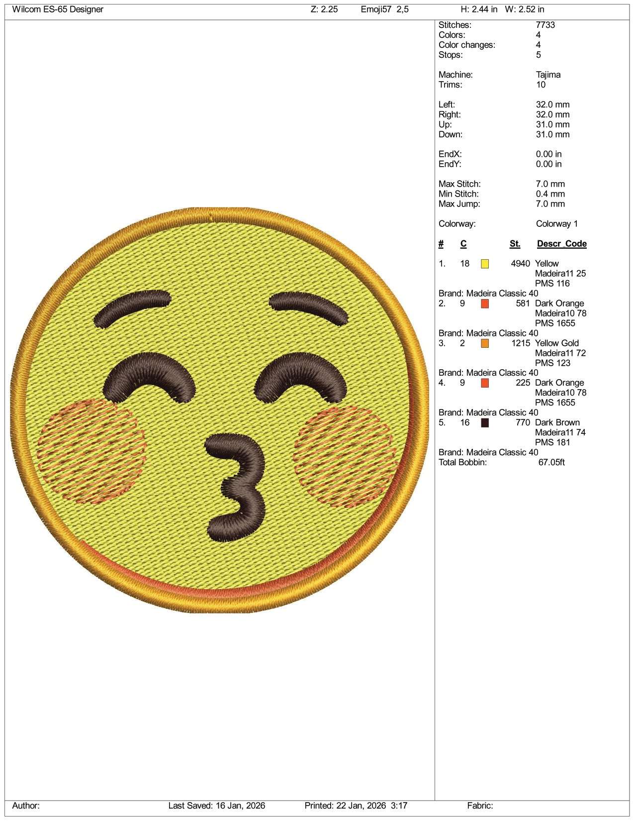 Kissing Face with Closed Eyes Emoji Embroidery Design Files - 3 Size's