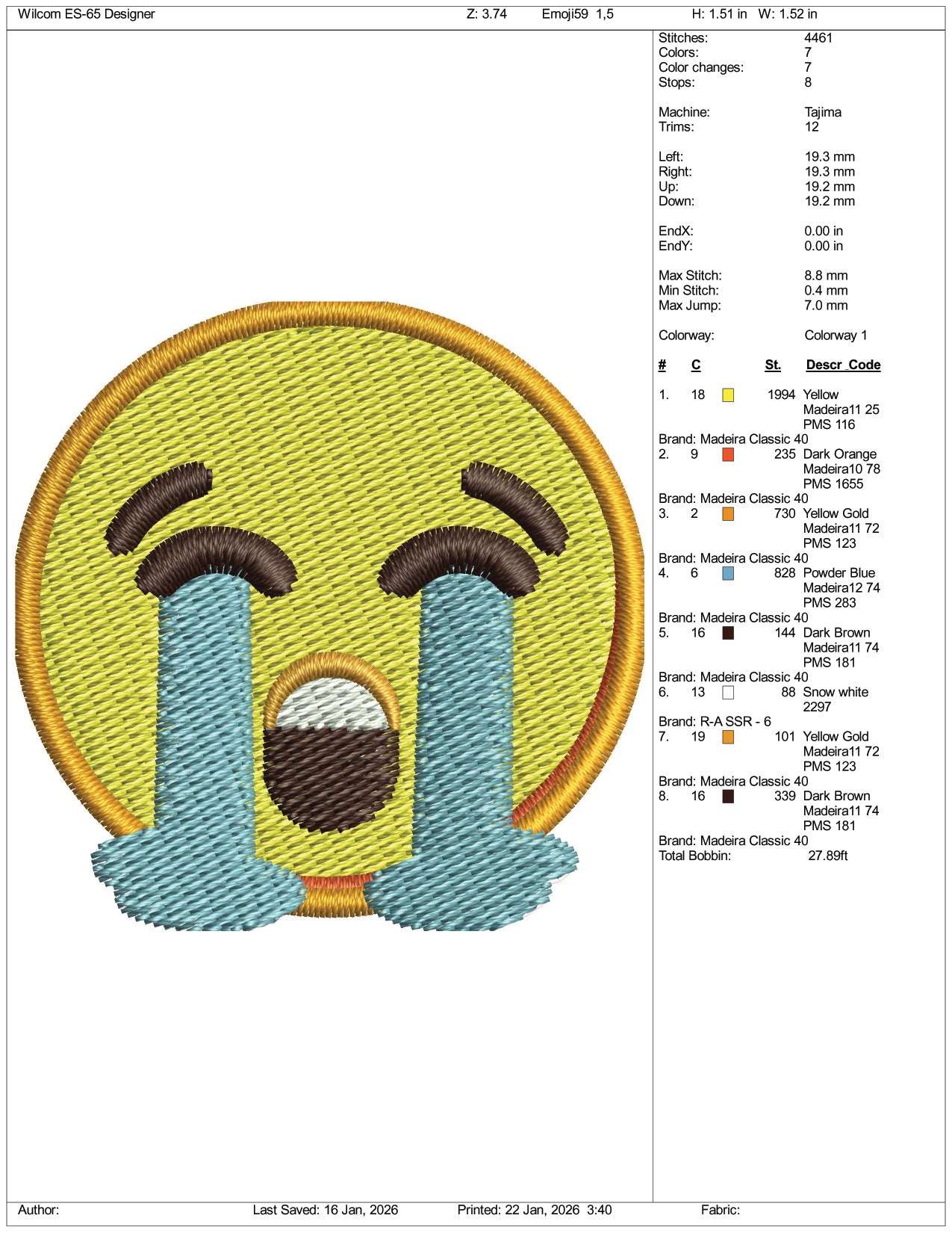 Loudly Crying Face Emoji Embroidery Design Files - 3 Size's