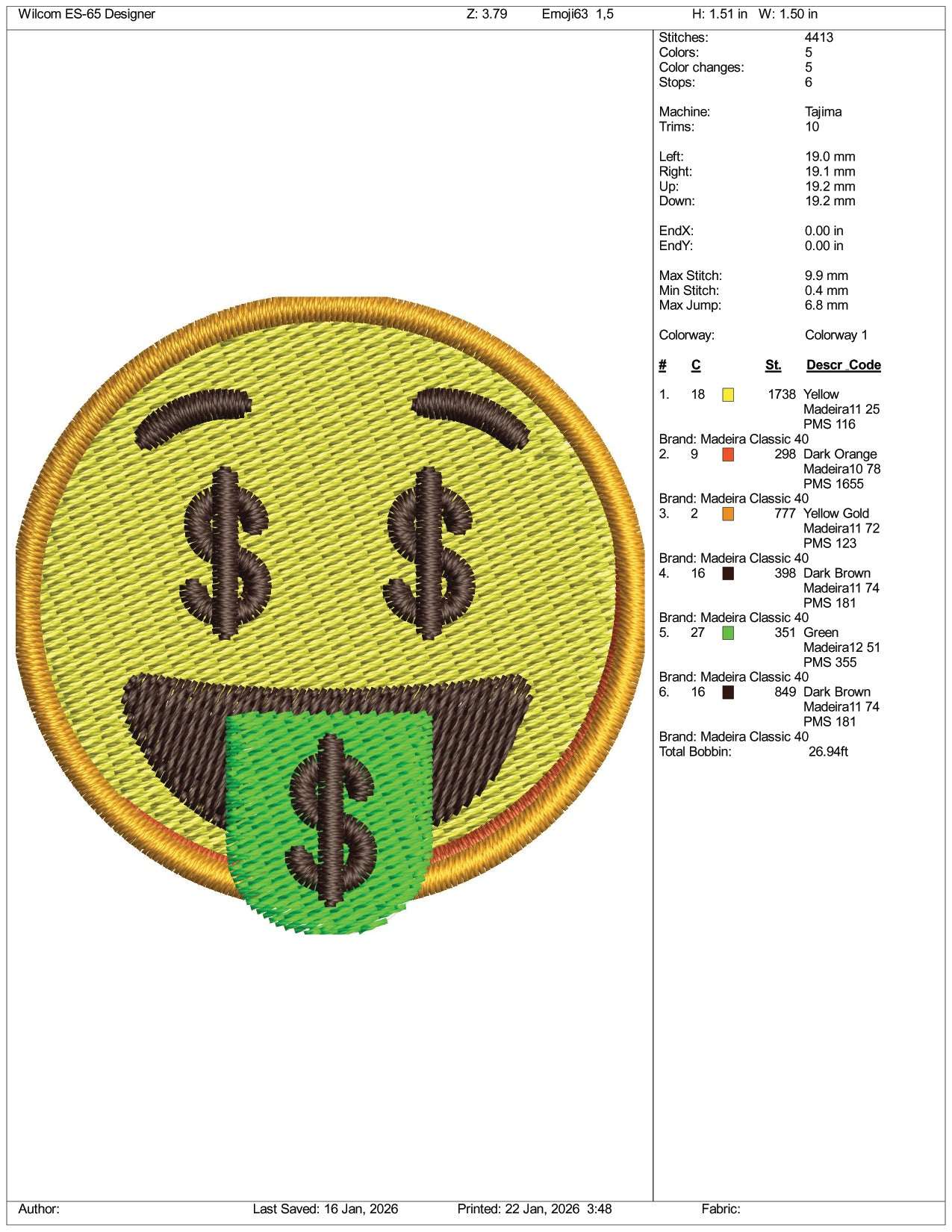 Money Mouth Face Emoji Embroidery Design Files - 3 Size's