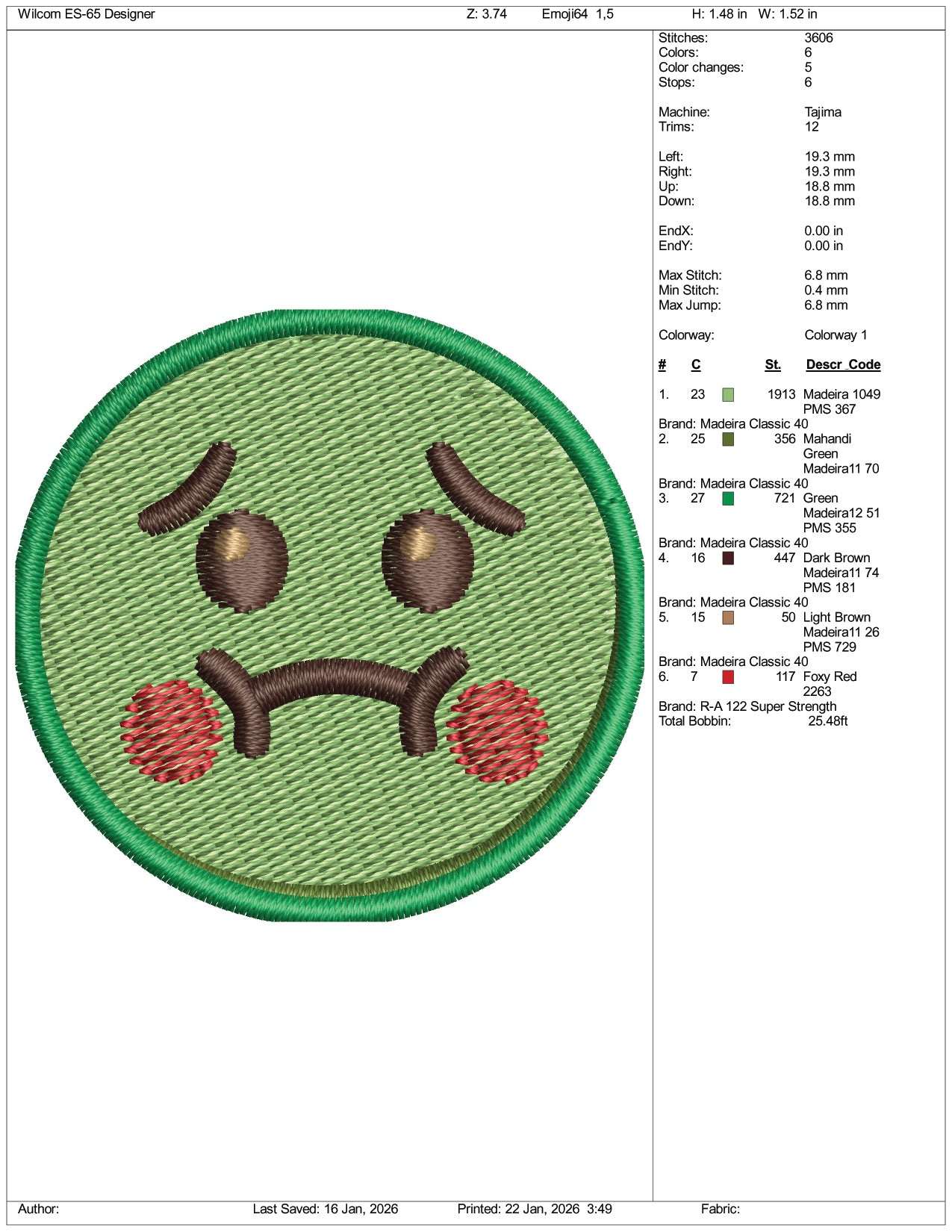 Nauseated Face Emoji Embroidery Design Files - 3 Size's