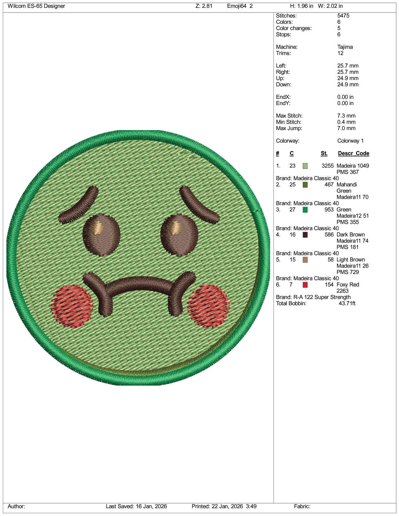 Nauseated Face Emoji Embroidery Design Files - 3 Size's