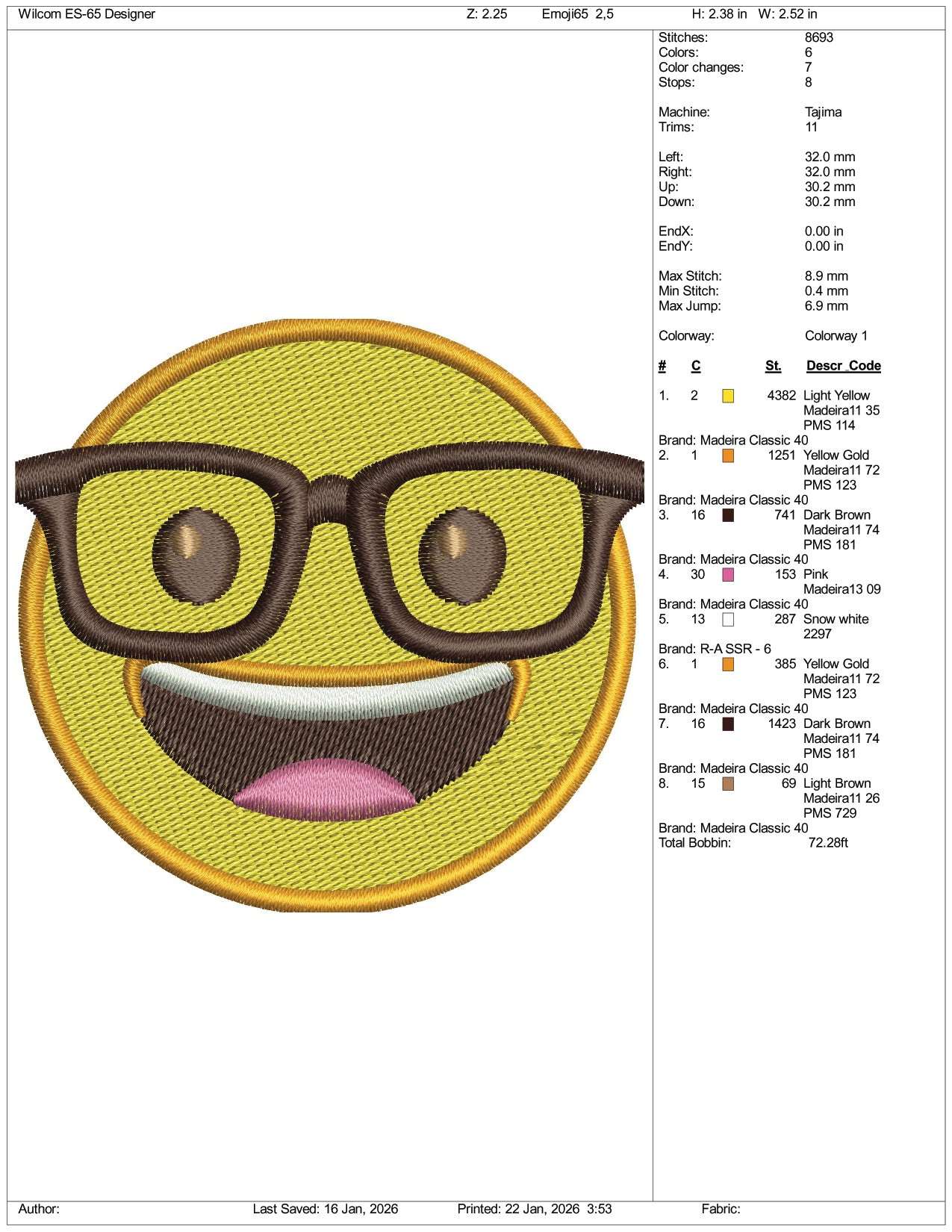 Nerd Face Emoji Embroidery Design Files - 3 Size's