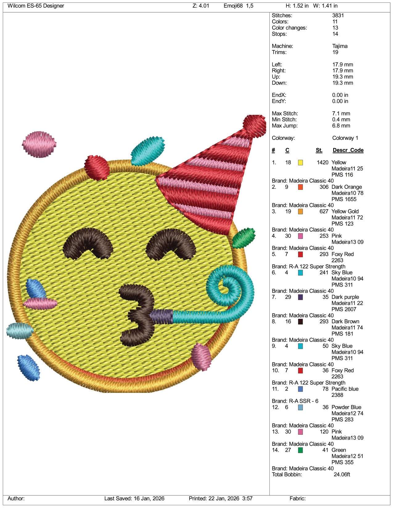 Partying Face Emoji Embroidery Design Files - 3 Size's