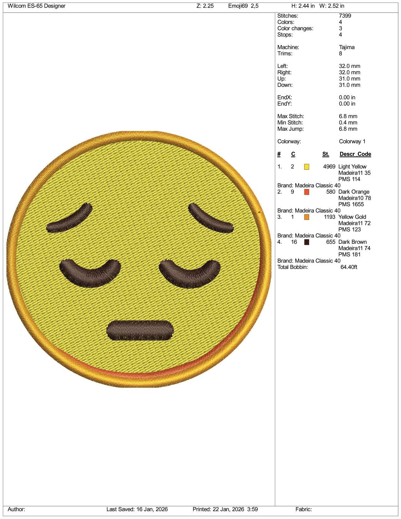 Pensive Face Emoji Embroidery Design Files - 3 Size's