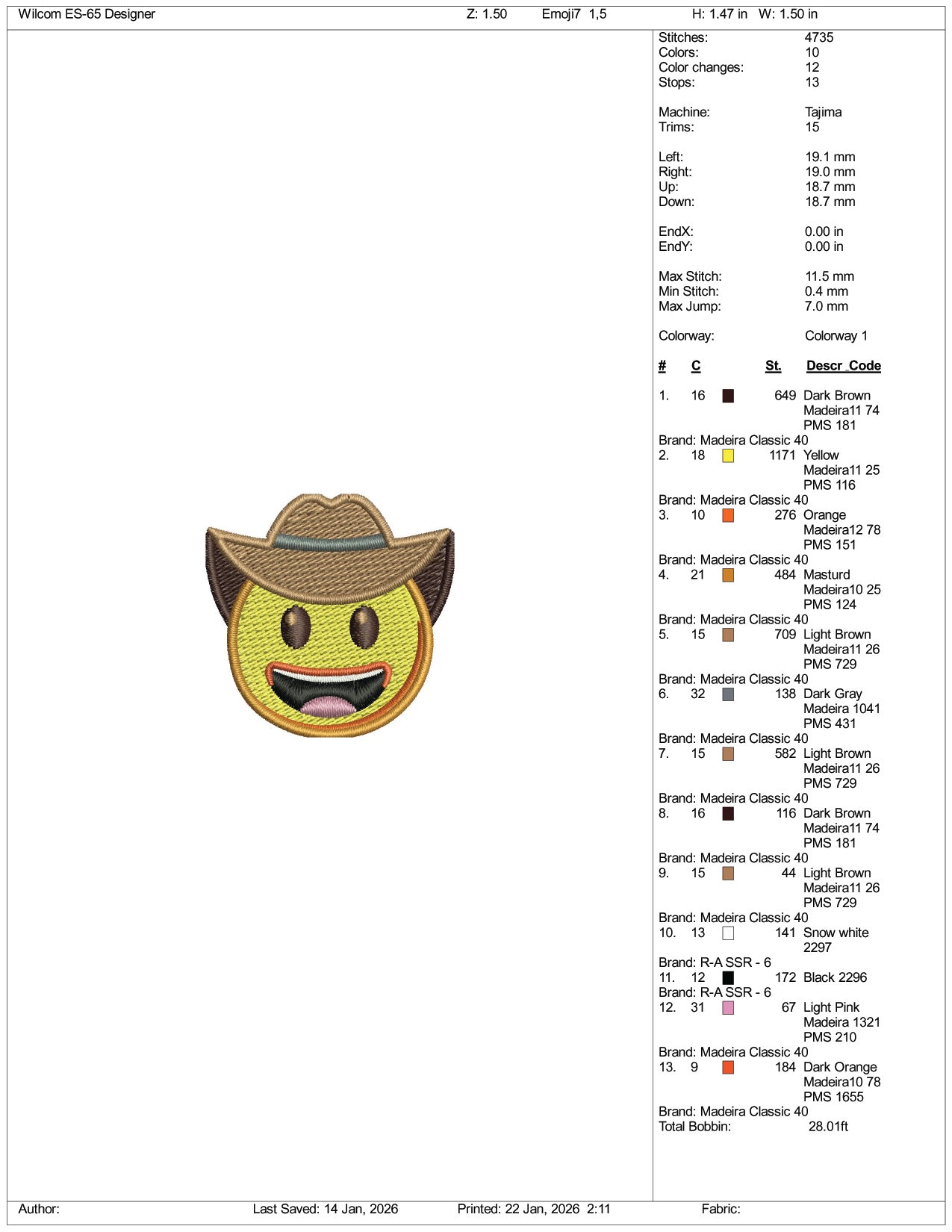 Cowboy Hat Face Emoji Embroidery Design Files - 3 Size's