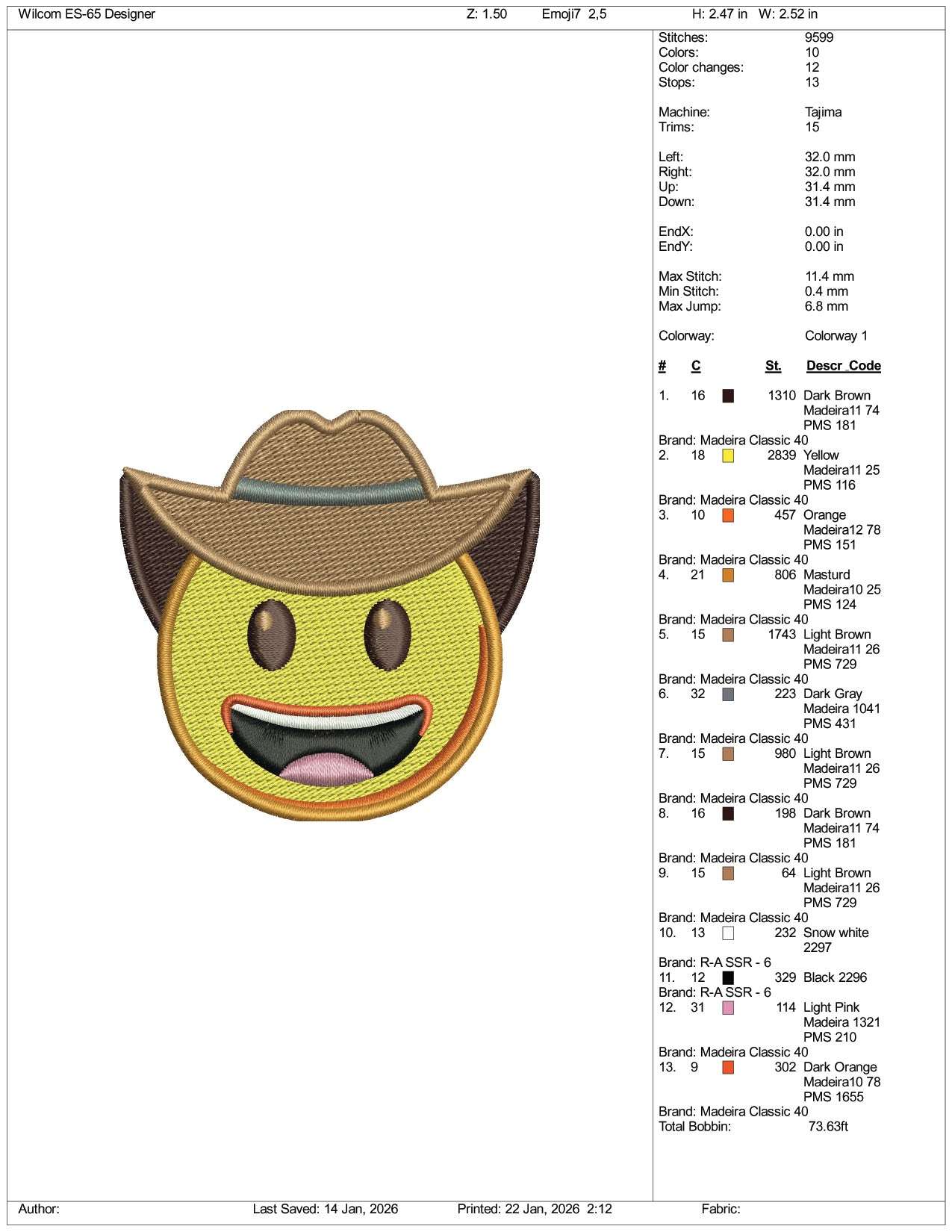 Cowboy Hat Face Emoji Embroidery Design Files - 3 Size's