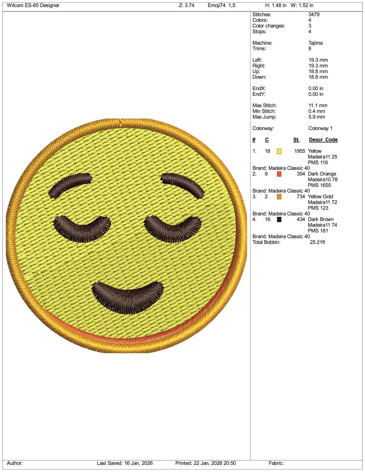 Relieved Face Emoji Embroidery Design Files - 3 Size's