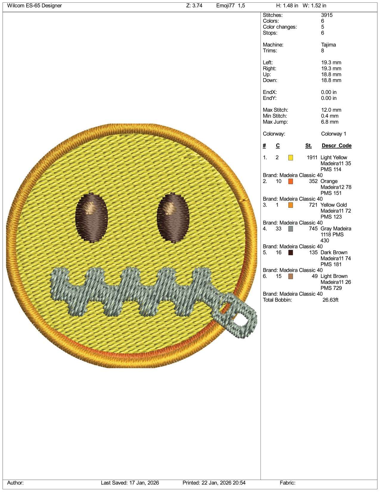 Zipper Mouth Face Emoji Embroidery Design Files - 3 Size's