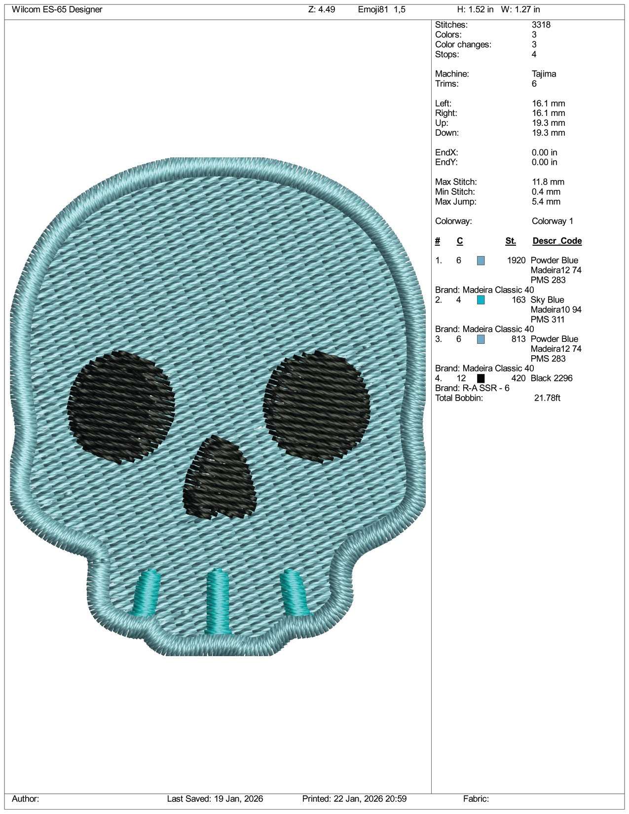 Skull Emoji Embroidery Design Files - 3 Size's