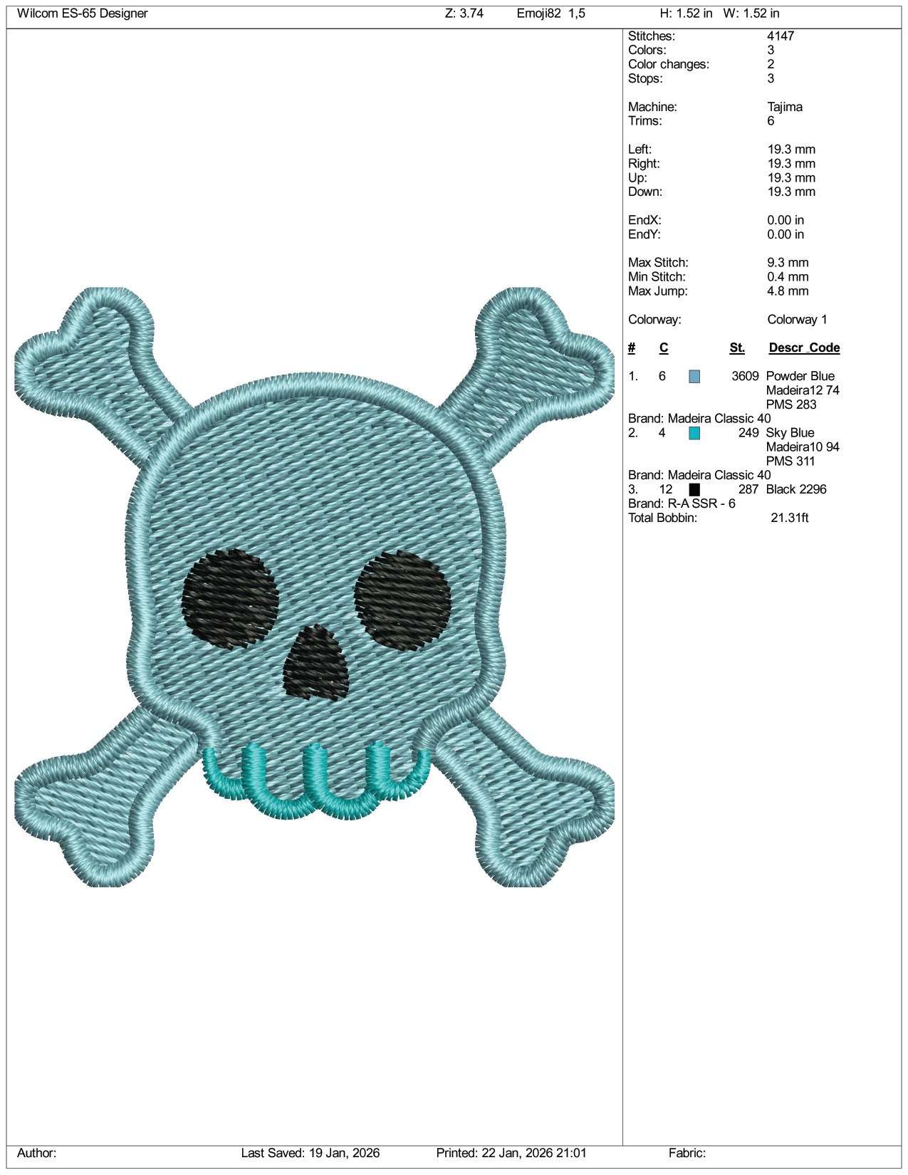 Skull and Crossbones Emoji Embroidery Design Files - 3 Size's