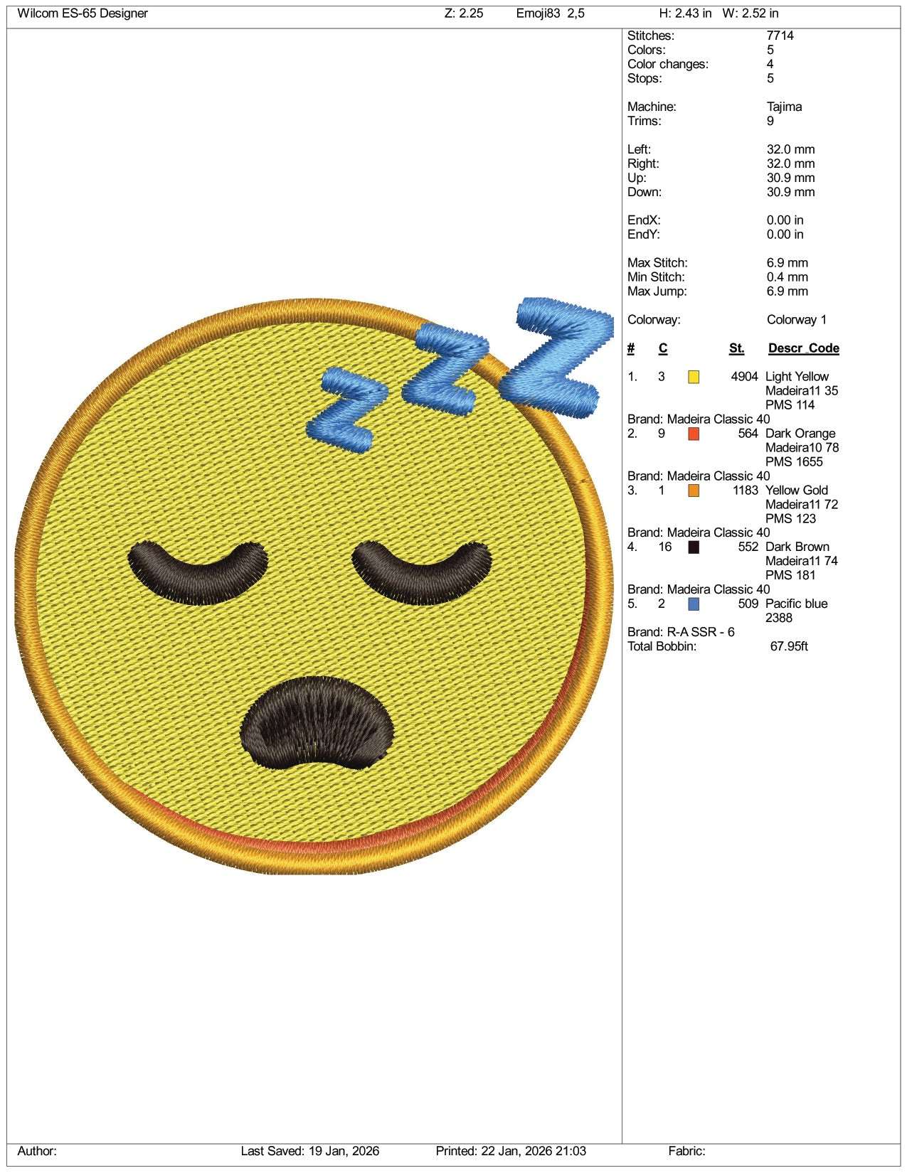 Sleeping Face Emoji Embroidery Design Files - 3 Size's