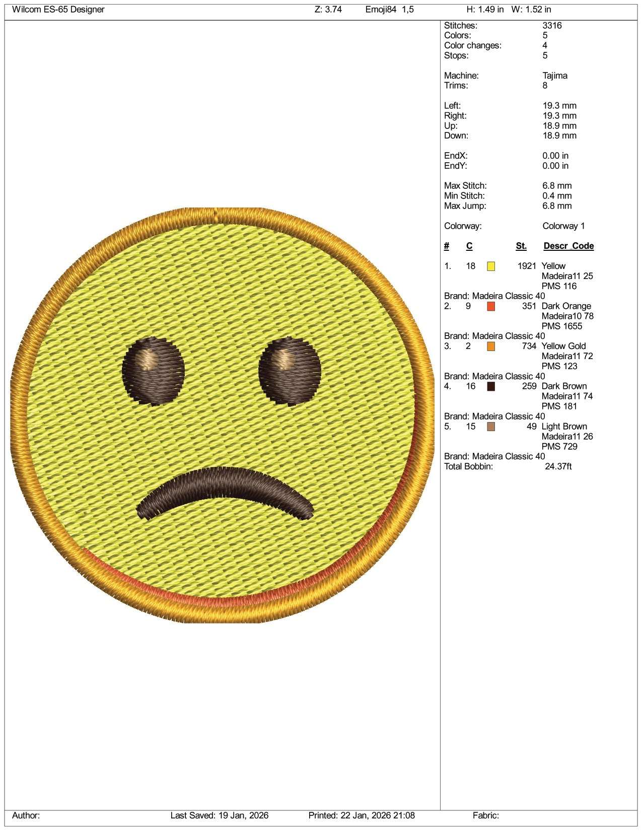 SlightlyFrowning Face Emoji Embroidery Design Files - 3 Size's